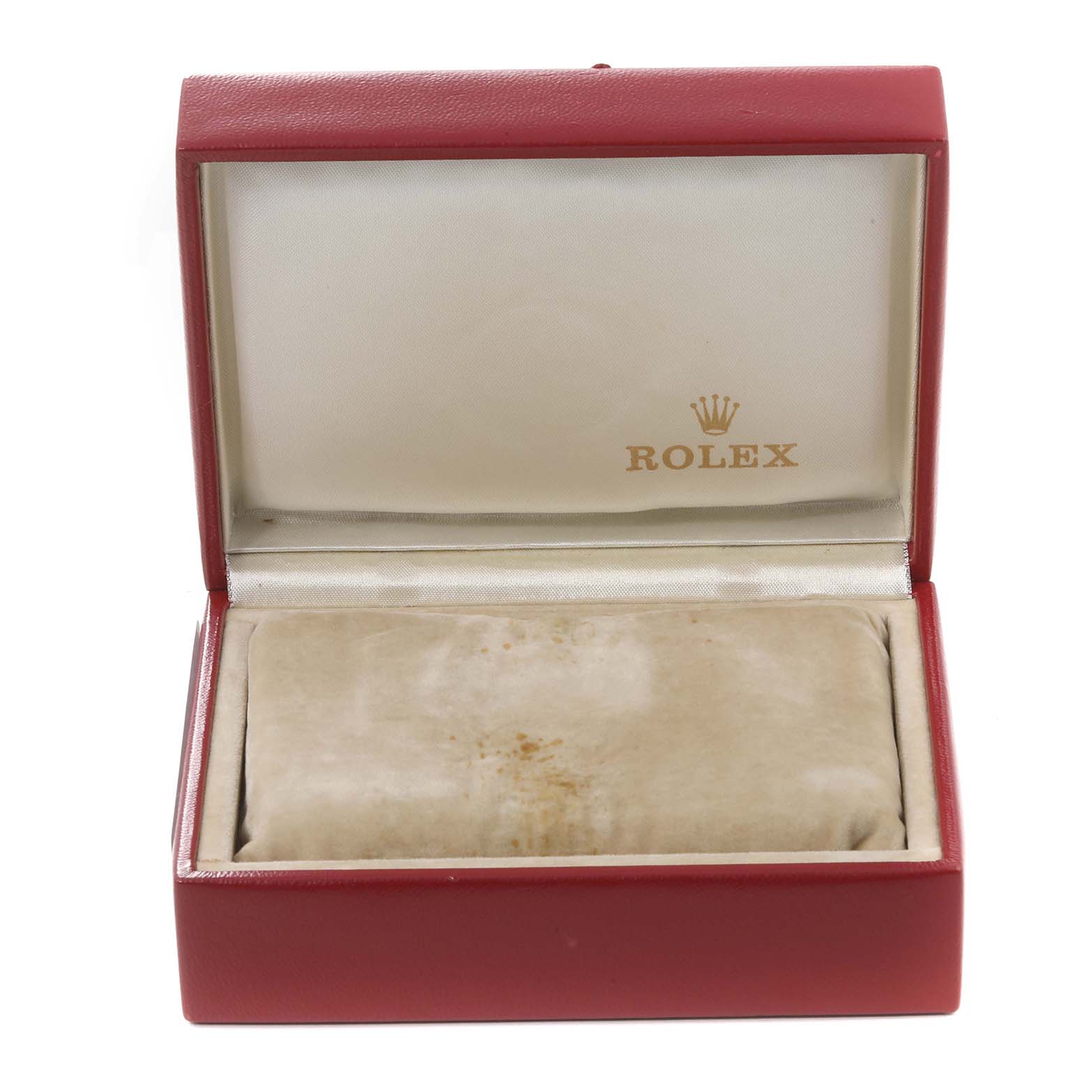 The image shows an open red Rolex box, likely for a Datejust model, with a Rolex logo and no watch inside.