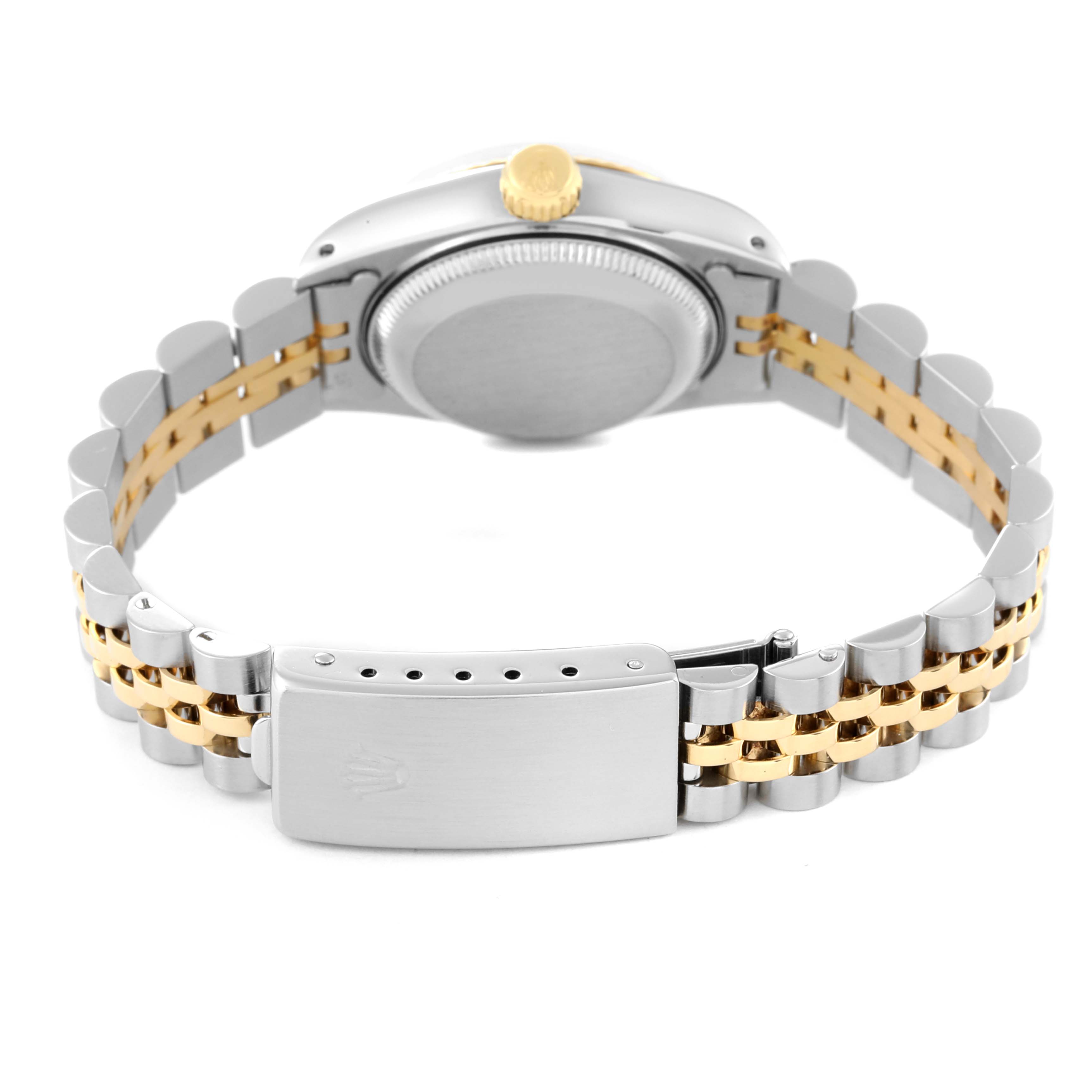 The image shows the back view of a Rolex Datejust 69173G Women's Steel and Gold (two tone) Silver Dial 69173G Women's Steel and Gold (two tone) Silver Dial watch, highlighting its clasp, case back, and two-tone bracelet.