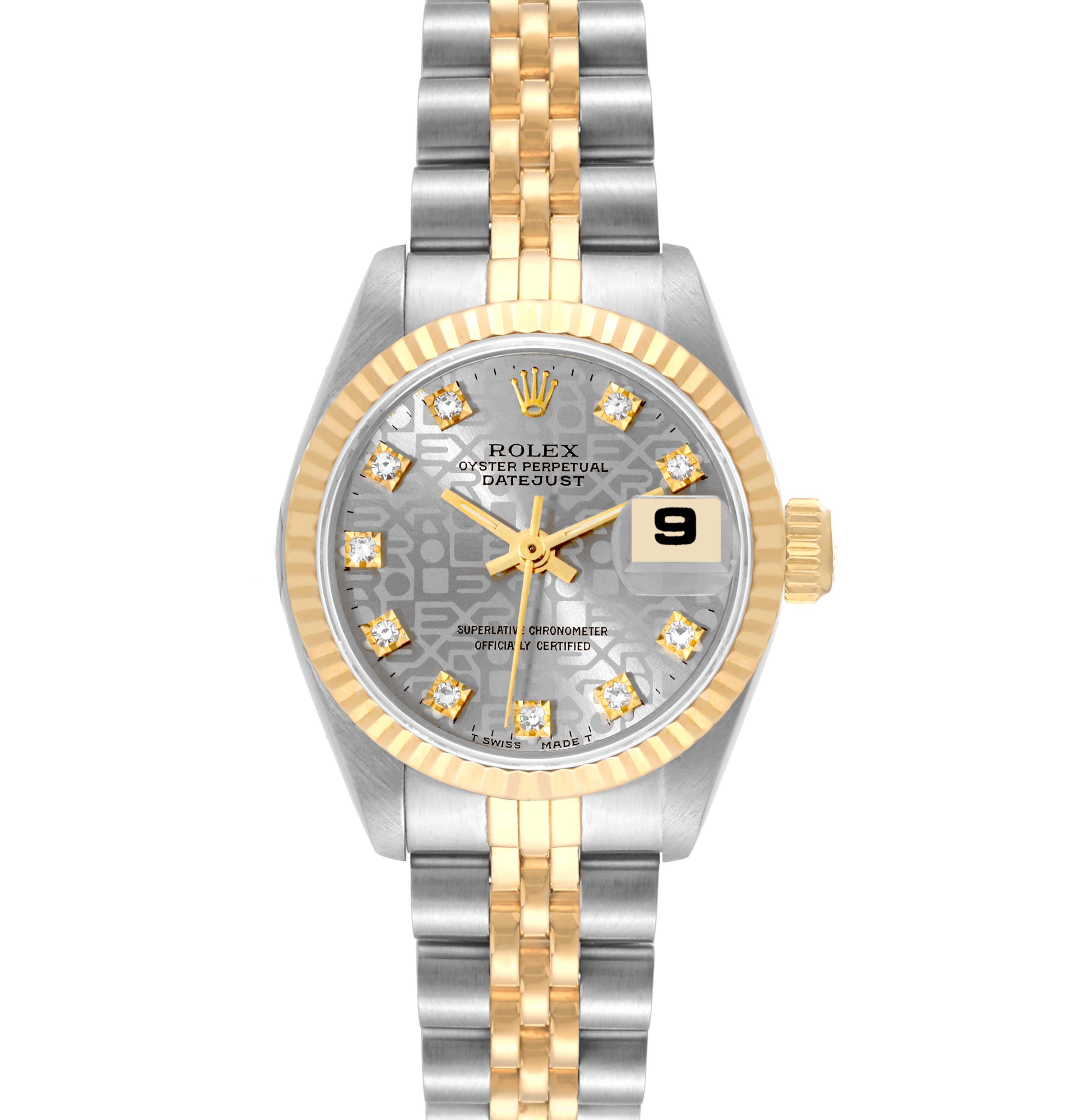 This image shows a frontal view of the Rolex Datejust 69173G Women's Steel and Gold (two tone) Silver Dial 69173G Women's Steel and Gold (two tone) Silver Dial watch, featuring a two-tone bracelet and a date window at 3 o'clock.
