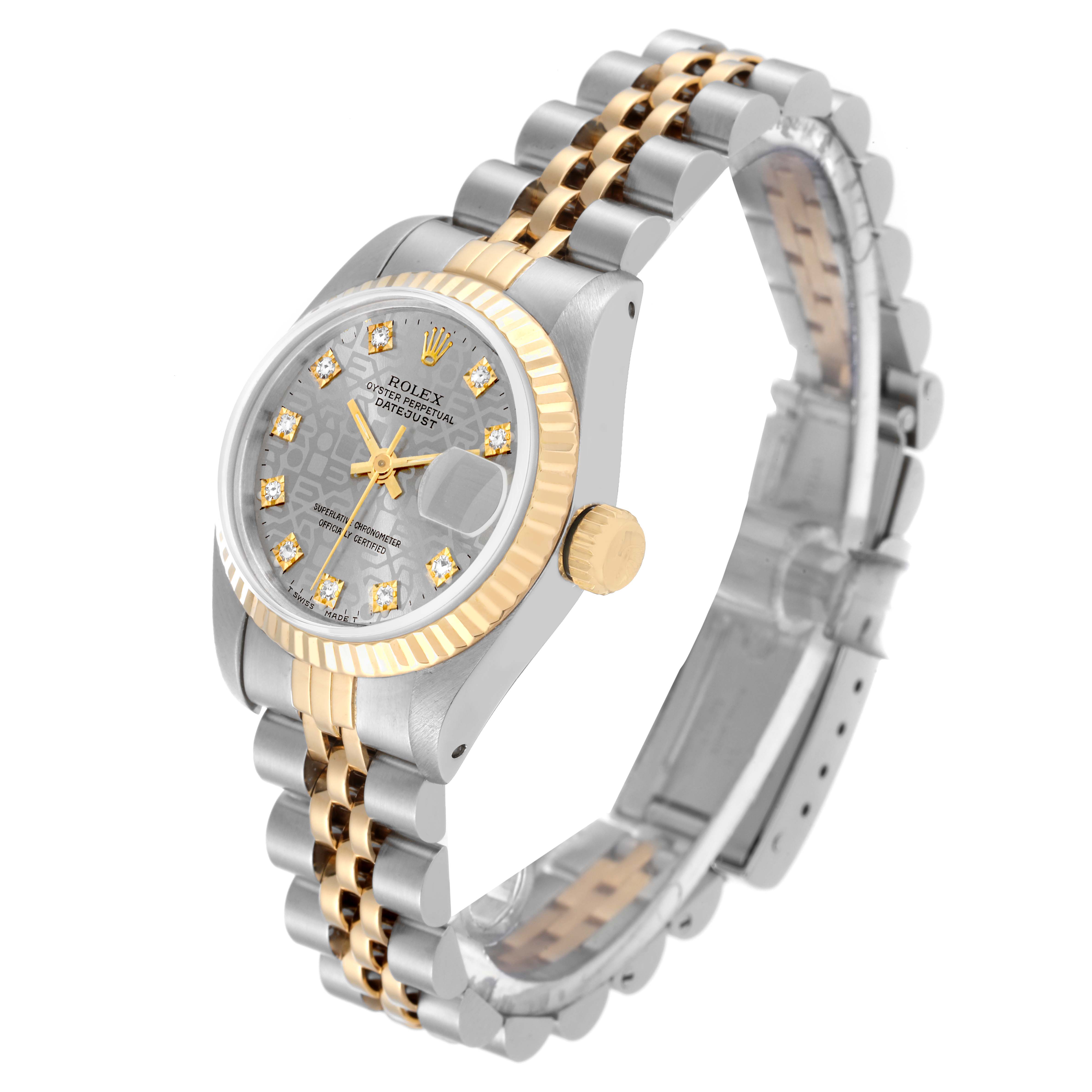 The image shows a Rolex Datejust 69173G Women's Steel and Gold (two tone) Silver Dial 69173G Women's Steel and Gold (two tone) Silver Dial watch at a three-quarter angle, highlighting its dial, bezel, crown, and two-tone bracelet.