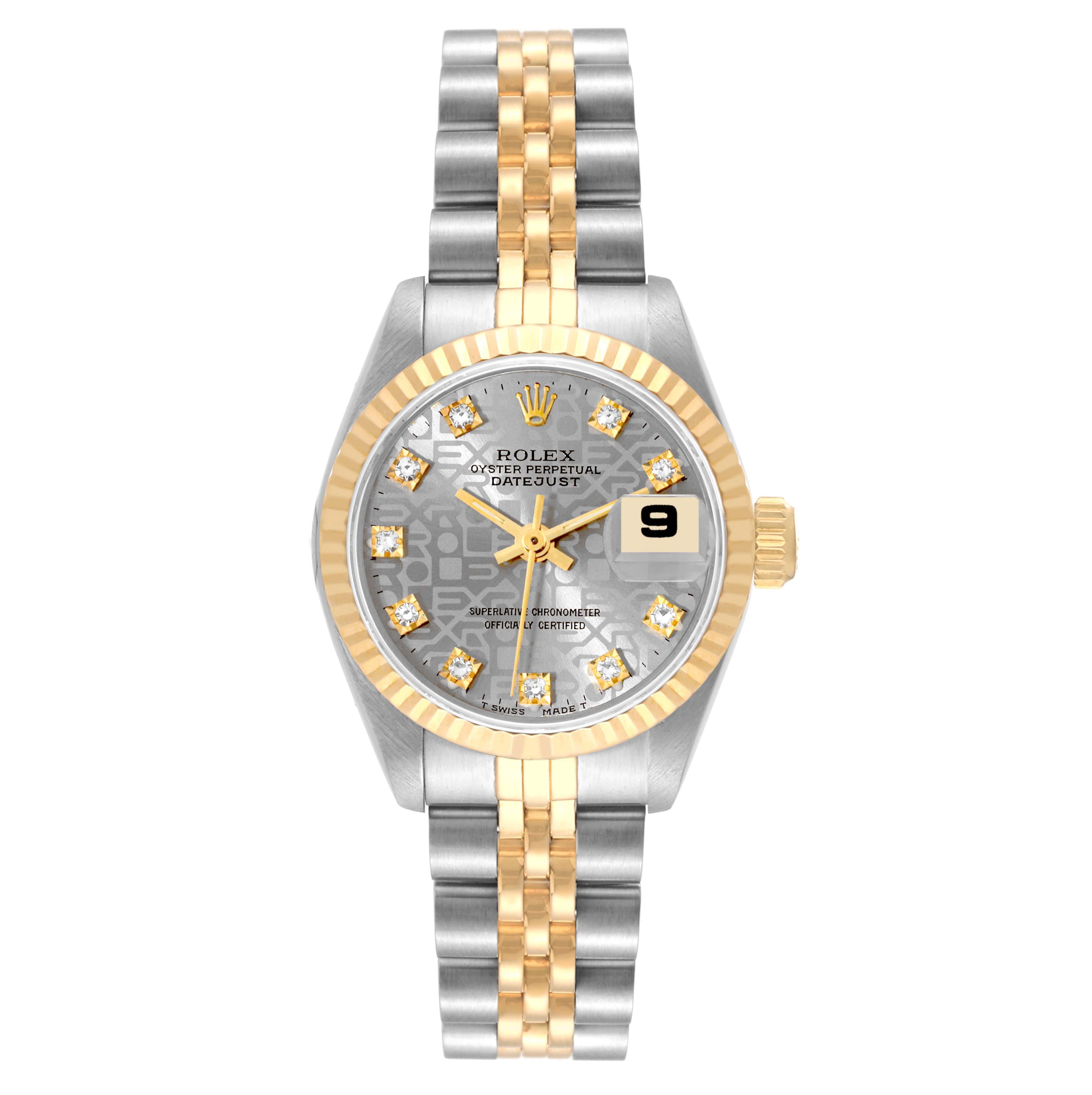 This image shows a front view of a Rolex Datejust 69173G Women's Steel and Gold (two tone) Silver Dial 69173G Women's Steel and Gold (two tone) Silver Dial watch, displaying its dial, bezel, crown, and bracelet.
