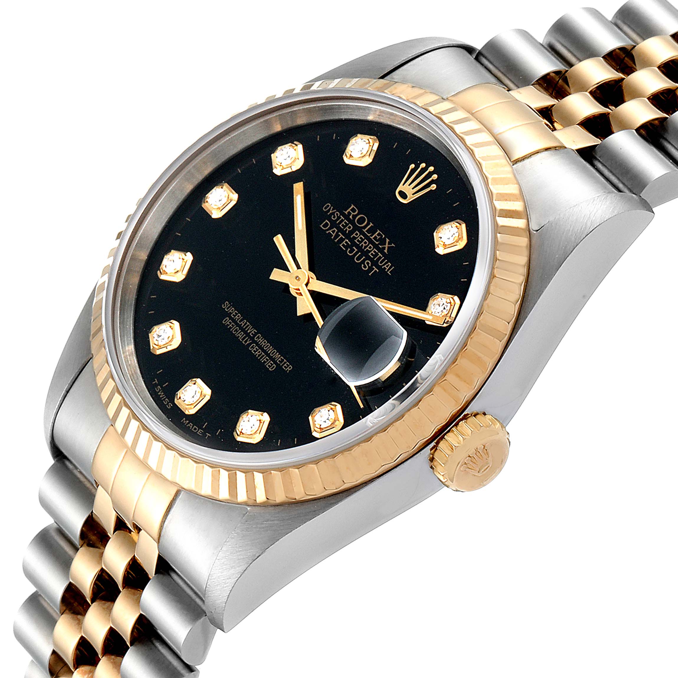 The image shows a close-up, angled view of a Rolex Datejust 16233 Men's Steel and Gold (two tone) Black Dial 16233 Men's Steel and Gold (two tone) Black Dial watch, highlighting its dial, bezel, crown, and bracelet.