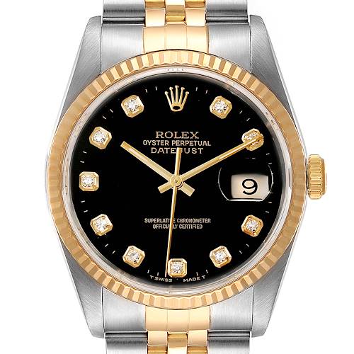 Photo of Rolex Datejust Steel Yellow Gold Black Diamond Dial Mens Watch 16233