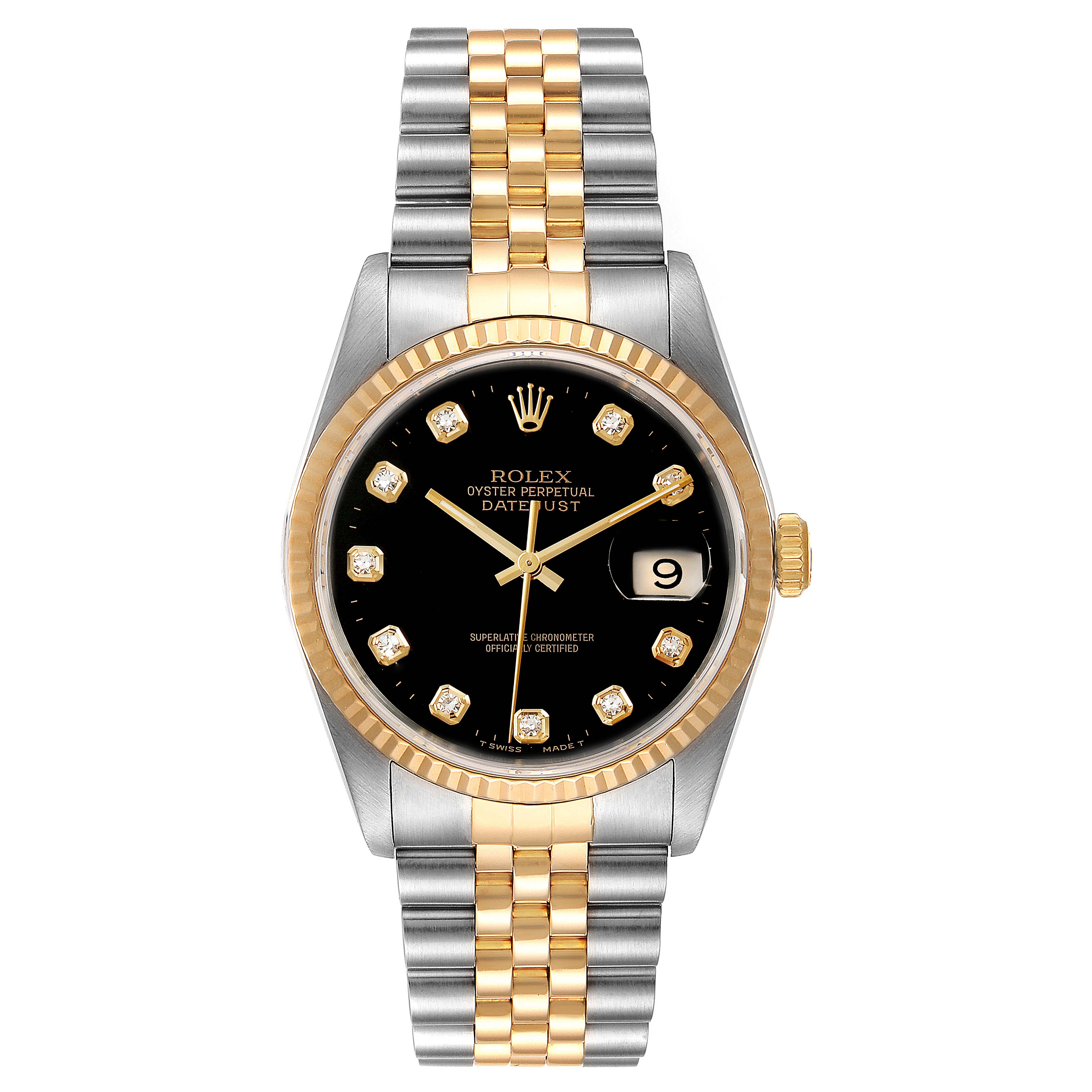 The Rolex Datejust 16233 Men's Steel and Gold (two tone) Black Dial 16233 Men's Steel and Gold (two tone) Black Dial watch is shown from the front, highlighting its black dial, diamond hour markers, date window, and two-tone bracelet.