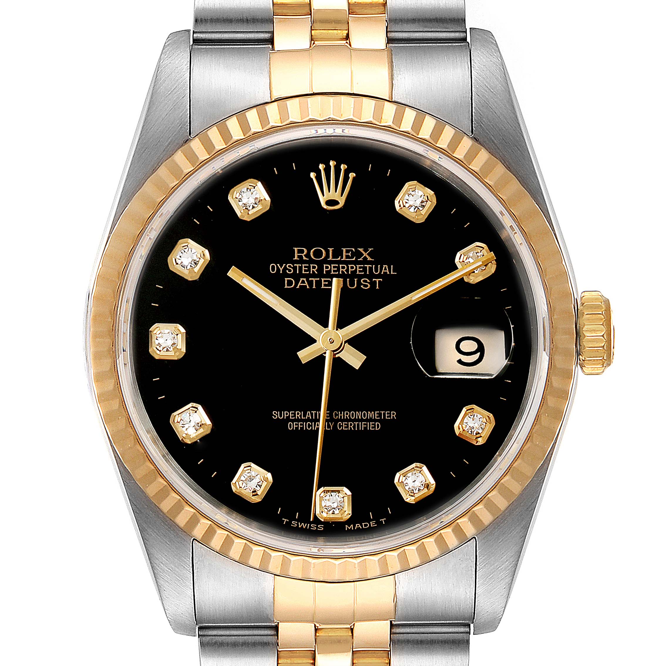 The image shows a frontal view of the Rolex Datejust 16233 Men's Steel and Gold (two tone) Black Dial 16233 Men's Steel and Gold (two tone) Black Dial watch, featuring its dial, bezel, and part of the bracelet.