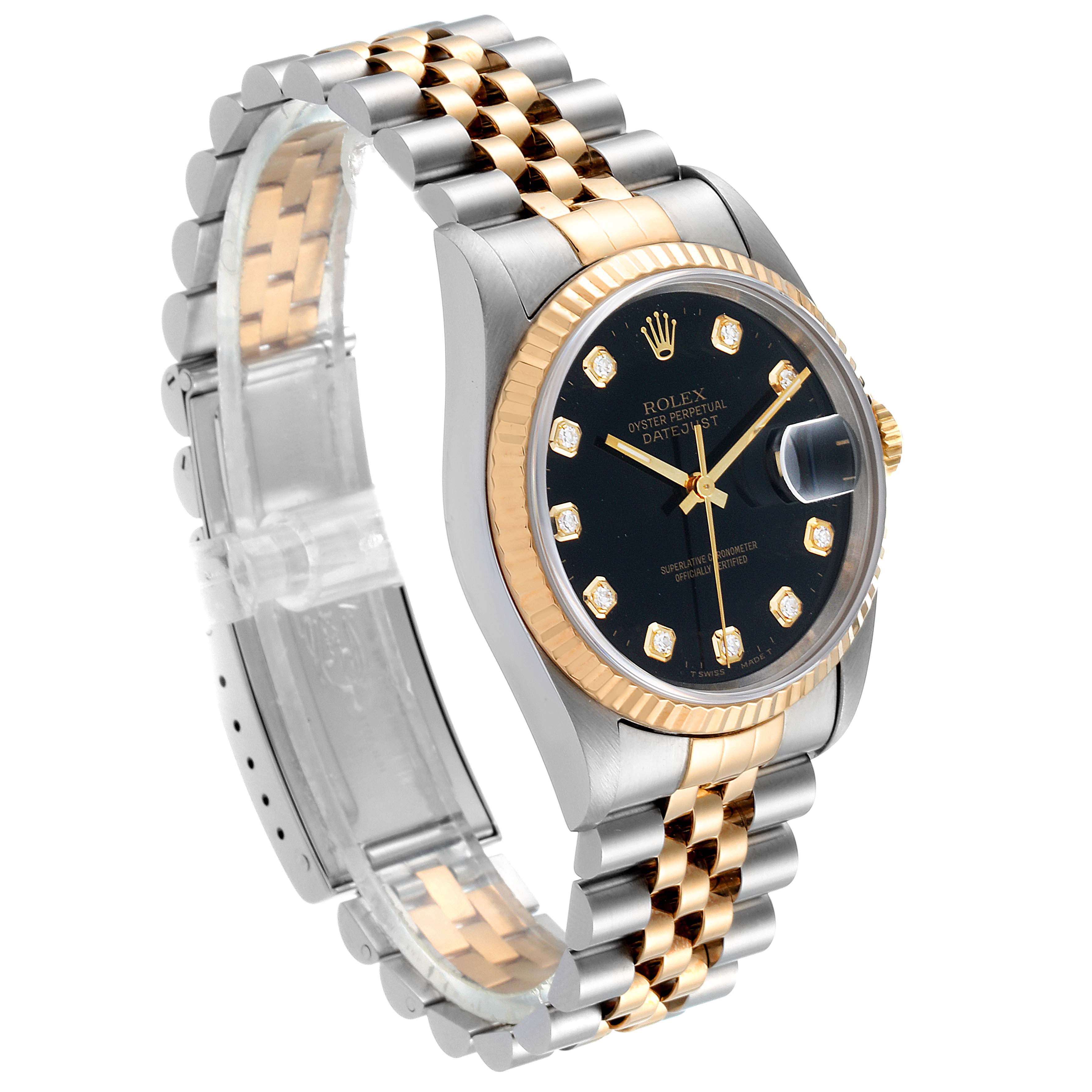 This Rolex Datejust 16233 Men's Steel and Gold (two tone) Black Dial 16233 Men's Steel and Gold (two tone) Black Dial watch is shown at a three-quarter angle, highlighting its black dial, two-tone Jubilee bracelet, and fluted bezel.