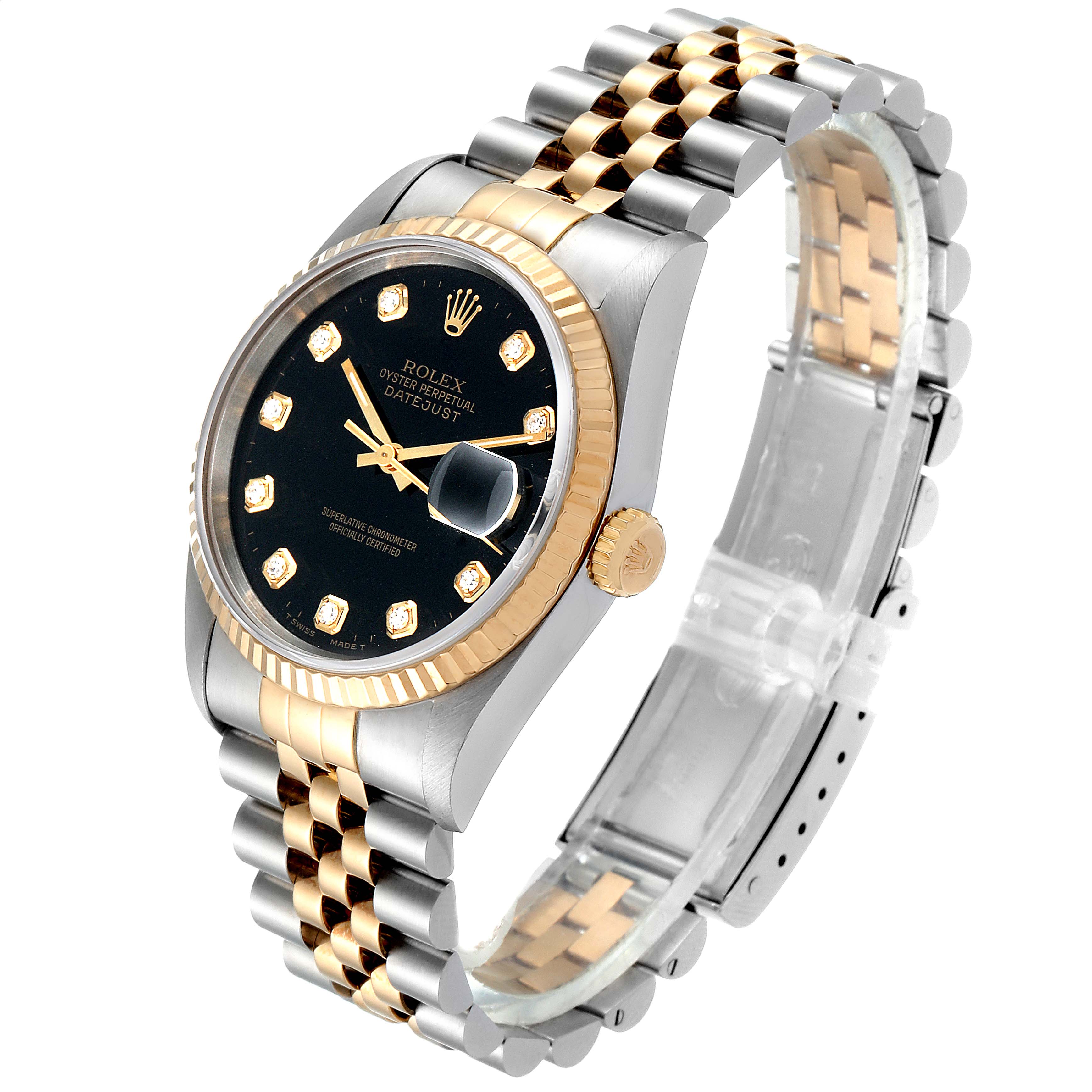 The image shows a Rolex Datejust 16233 Men's Steel and Gold (two tone) Black Dial 16233 Men's Steel and Gold (two tone) Black Dial watch at a slight side angle, highlighting its black dial, two-tone bracelet, and fluted bezel.