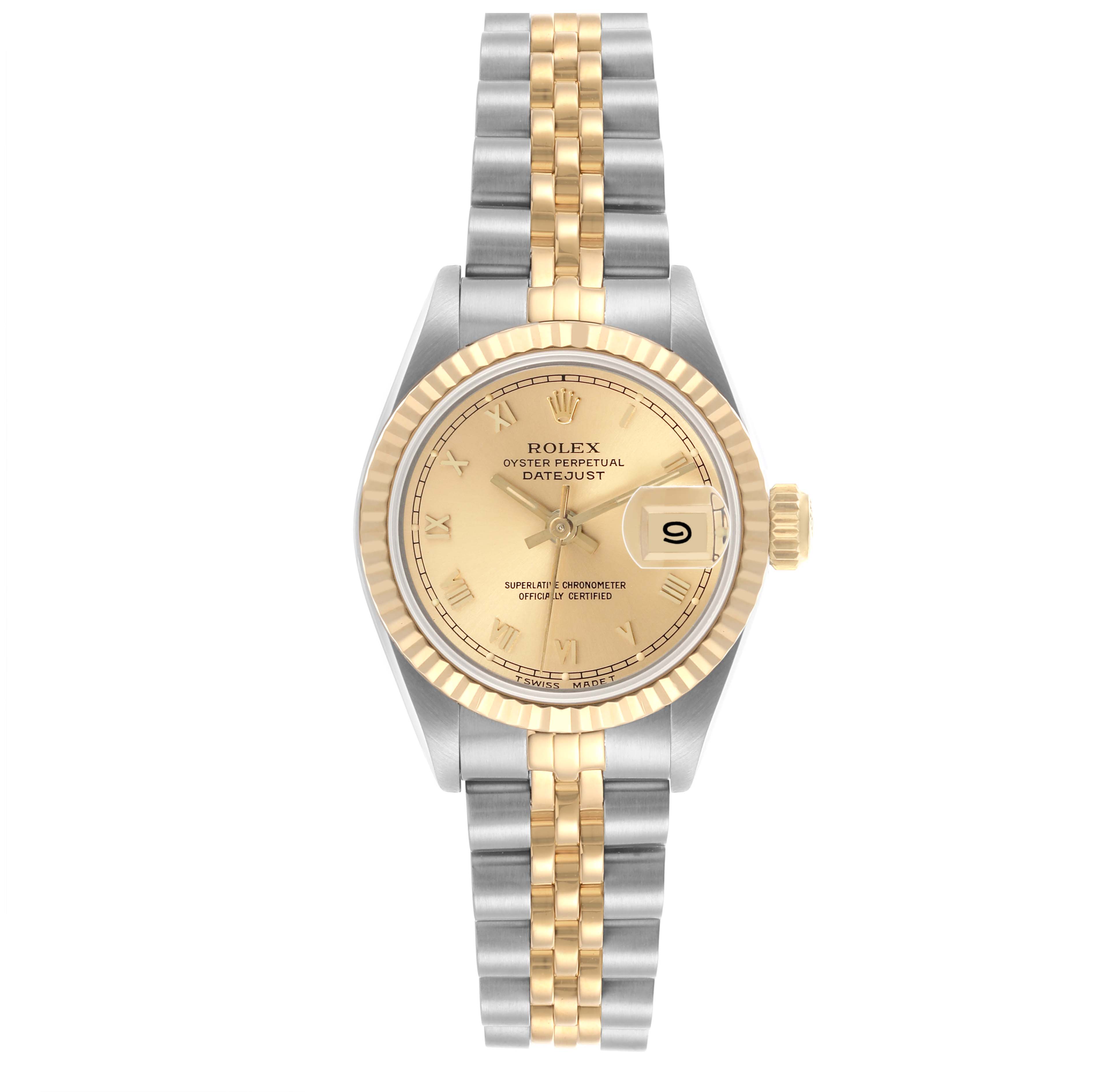 The image shows a Rolex Datejust 69173 Women's Steel and Gold (two tone) Champagne Dial 69173 Women's Steel and Gold (two tone) Champagne Dial watch from the front, highlighting its dial, bezel, and two-tone bracelet.