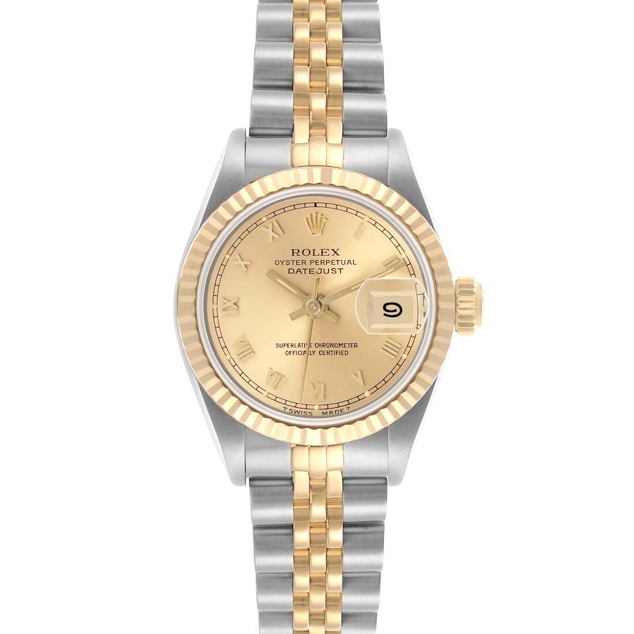 The Rolex Datejust watch is shown from a top-down angle, featuring the face, bezel, and two-tone bracelet.