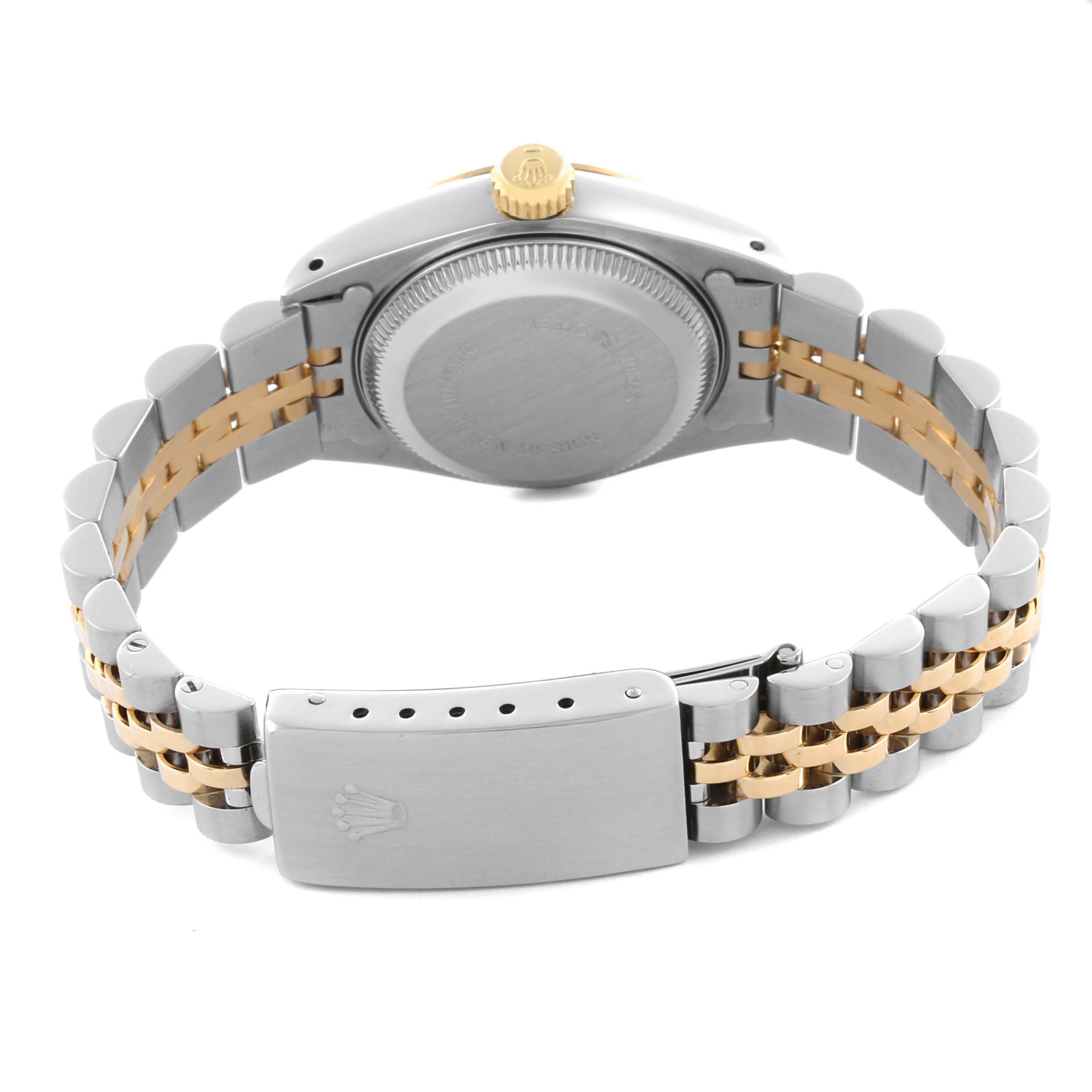 The image shows the back view of a Rolex Datejust 69173 Women's Steel and Gold (two tone) Champagne Dial 69173 Women's Steel and Gold (two tone) Champagne Dial, highlighting the clasp, bracelet, and watch case.