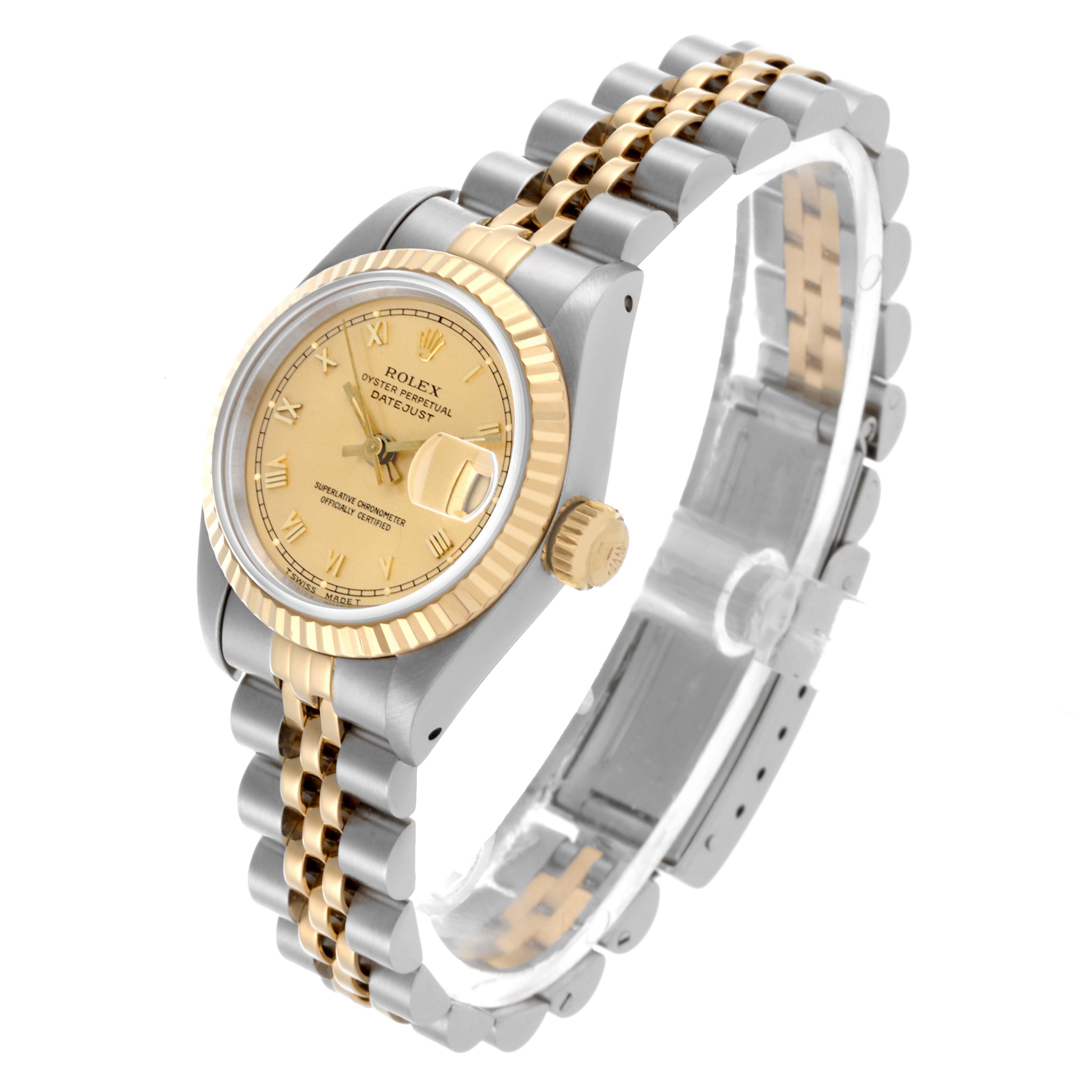 The Rolex Datejust 69173 Women's Steel and Gold (two tone) Champagne Dial 69173 Women's Steel and Gold (two tone) Champagne Dial watch is shown at an angle displaying the face, bezel, crown, and part of the bracelet.