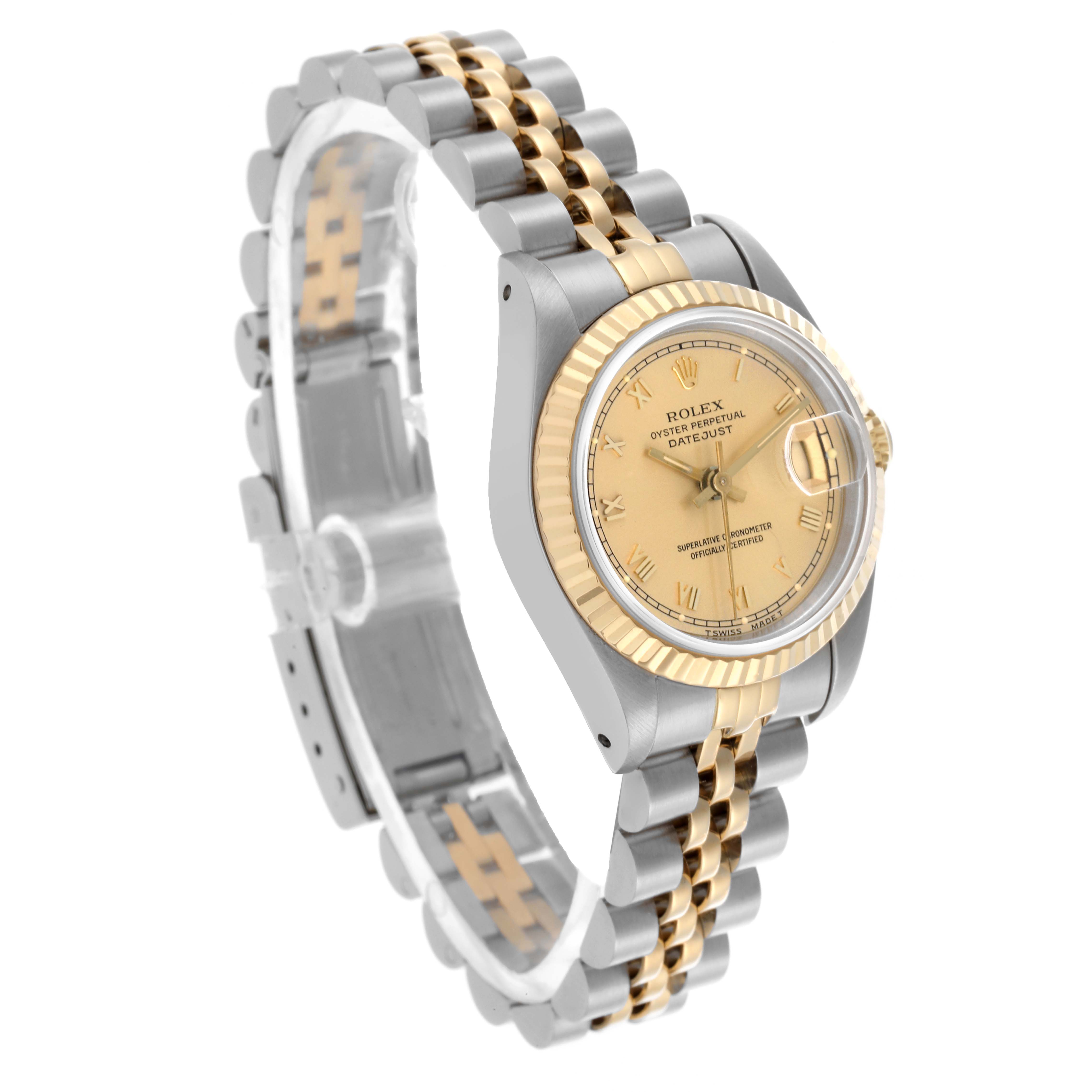 The Rolex Datejust 69173 Women's Steel and Gold (two tone) Champagne Dial 69173 Women's Steel and Gold (two tone) Champagne Dial watch is shown at a slight angle, featuring the face, bezel, and part of the two-tone bracelet.