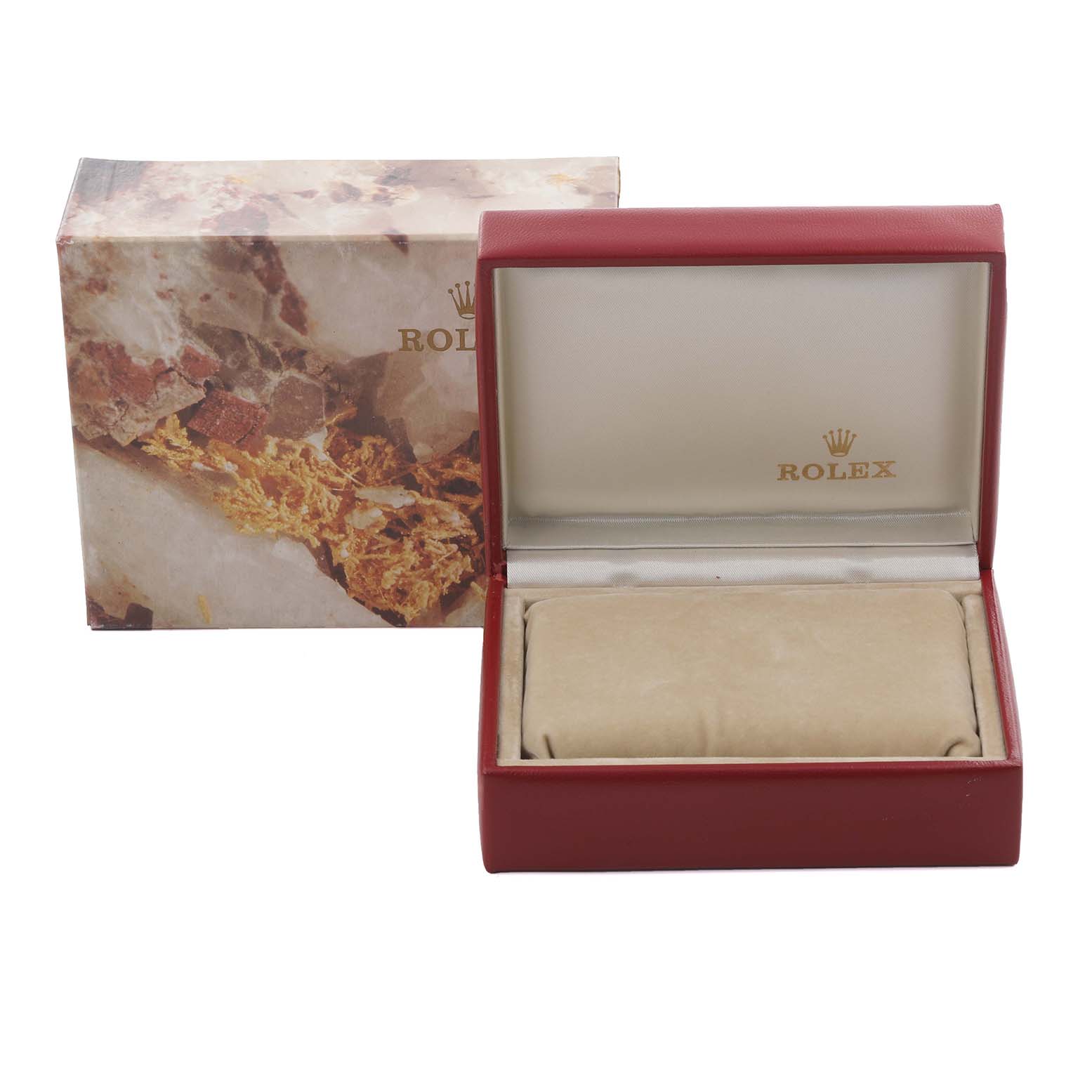 The image shows a Rolex Datejust 69173 Women's Steel and Gold (two tone) Champagne Dial 69173 Women's Steel and Gold (two tone) Champagne Dial watch box and outer packaging from a front angle.