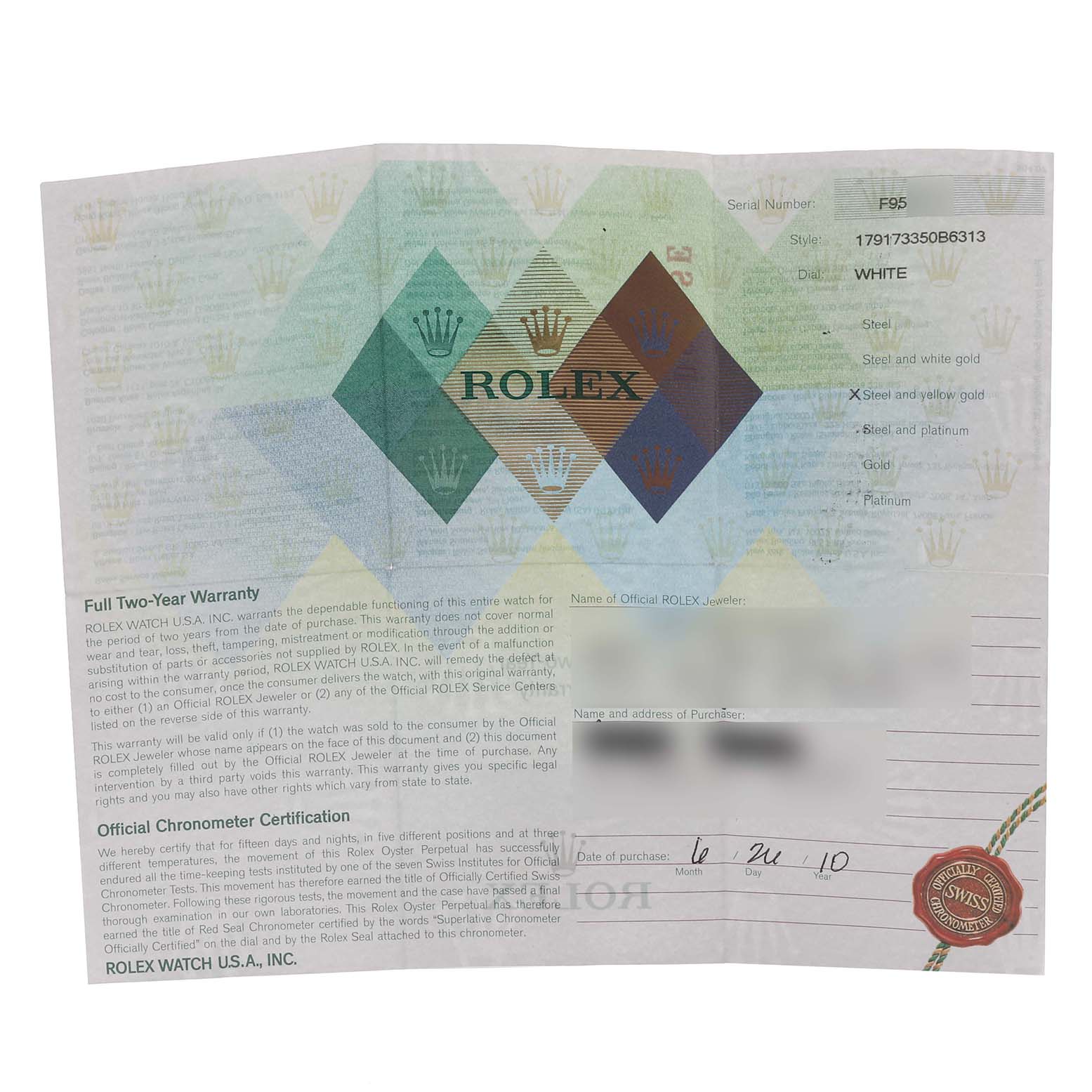 The image shows a warranty and certification document for a Rolex Datejust 179173 Women's Steel and Gold (two tone) White Dial 179173 Women's Steel and Gold (two tone) White Dial watch.