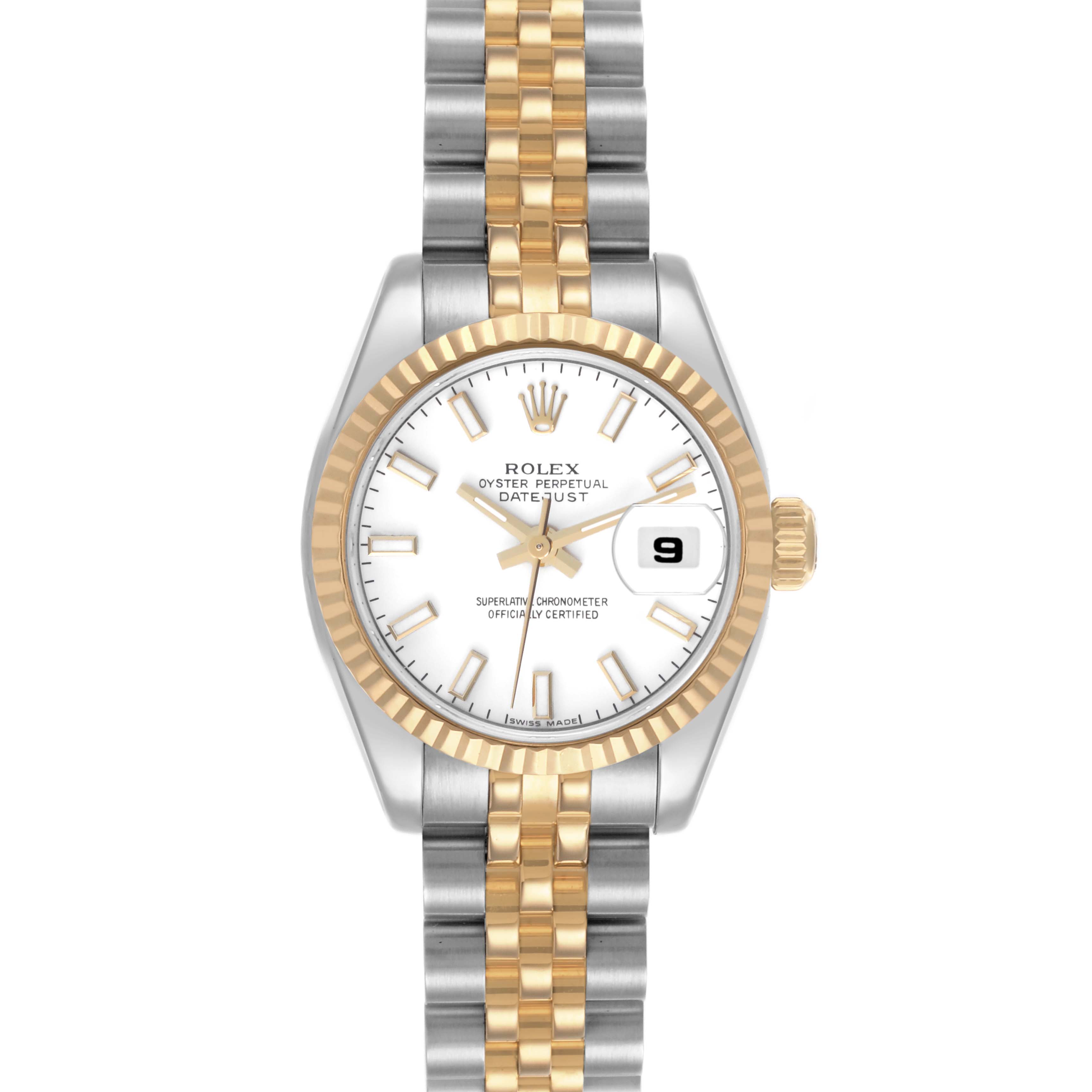 The Rolex Datejust 179173 Women's Steel and Gold (two tone) White Dial 179173 Women's Steel and Gold (two tone) White Dial watch is shown from a front angle, displaying the face, bezel, and part of the bracelet.
