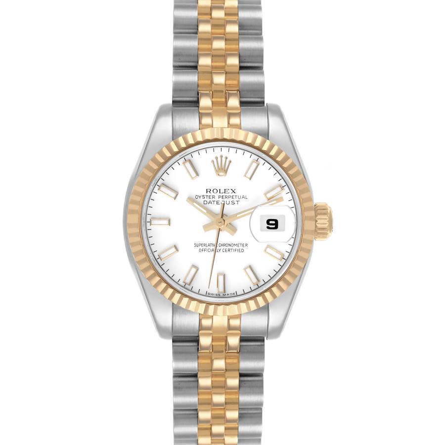 The Rolex Datejust watch is shown from a front angle, displaying the face, bezel, and part of the bracelet.