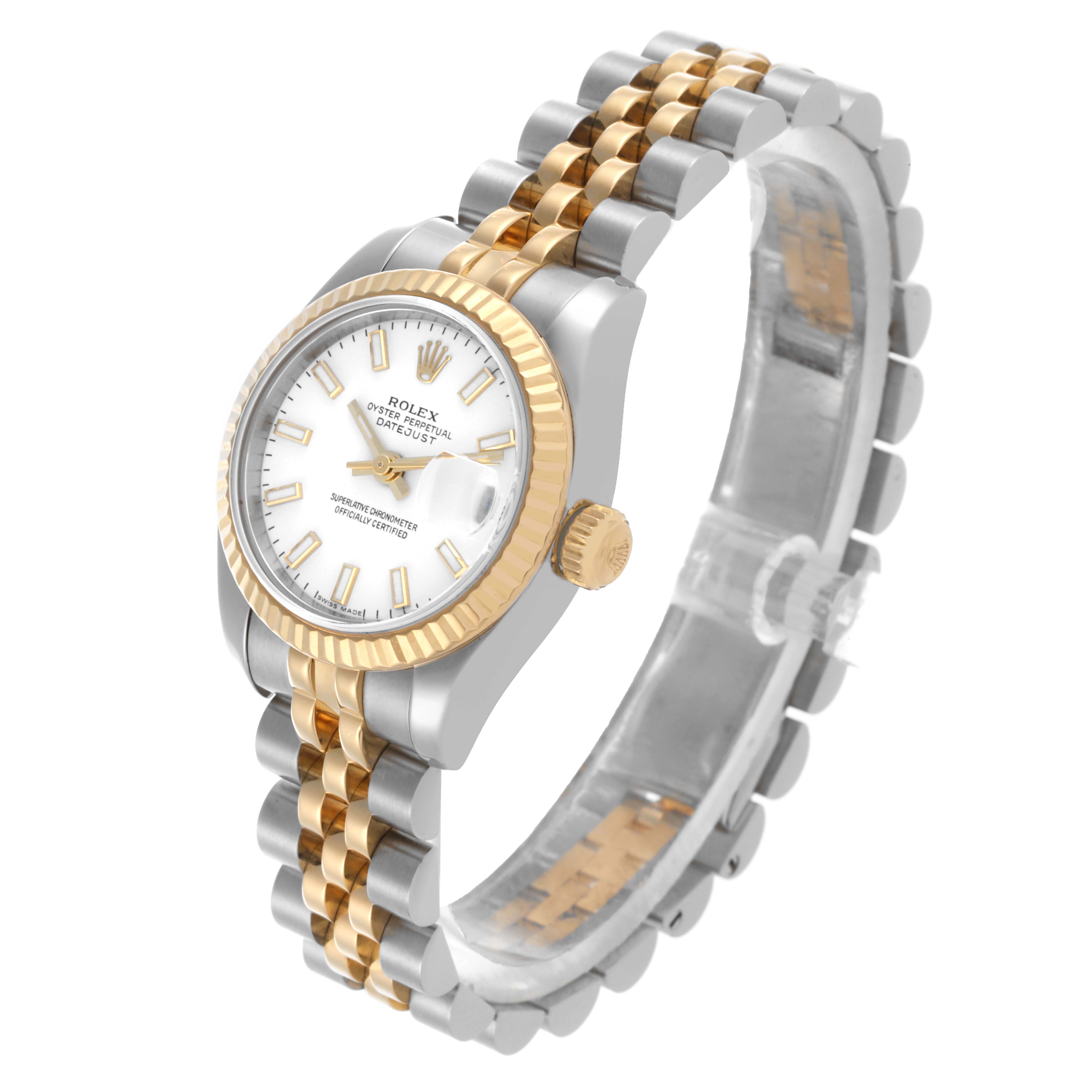 The Rolex Datejust 179173 Women's Steel and Gold (two tone) White Dial 179173 Women's Steel and Gold (two tone) White Dial watch is shown at a three-quarter angle, highlighting its dial, bezel, crown, and two-tone bracelet.