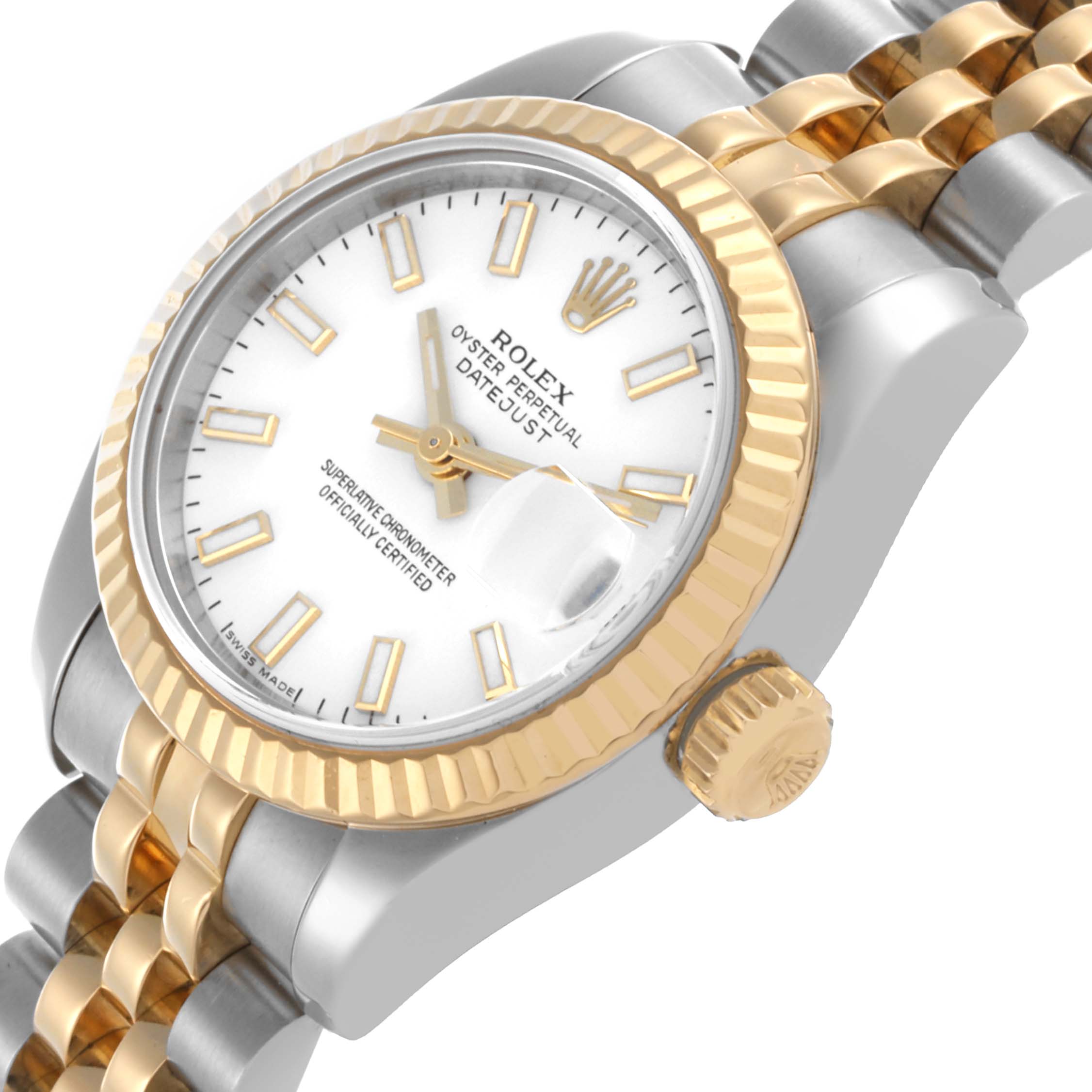 The image shows a close-up side angle of the Rolex Datejust 179173 Women's Steel and Gold (two tone) White Dial 179173 Women's Steel and Gold (two tone) White Dial, highlighting the face, crown, bezel, and bracelet.