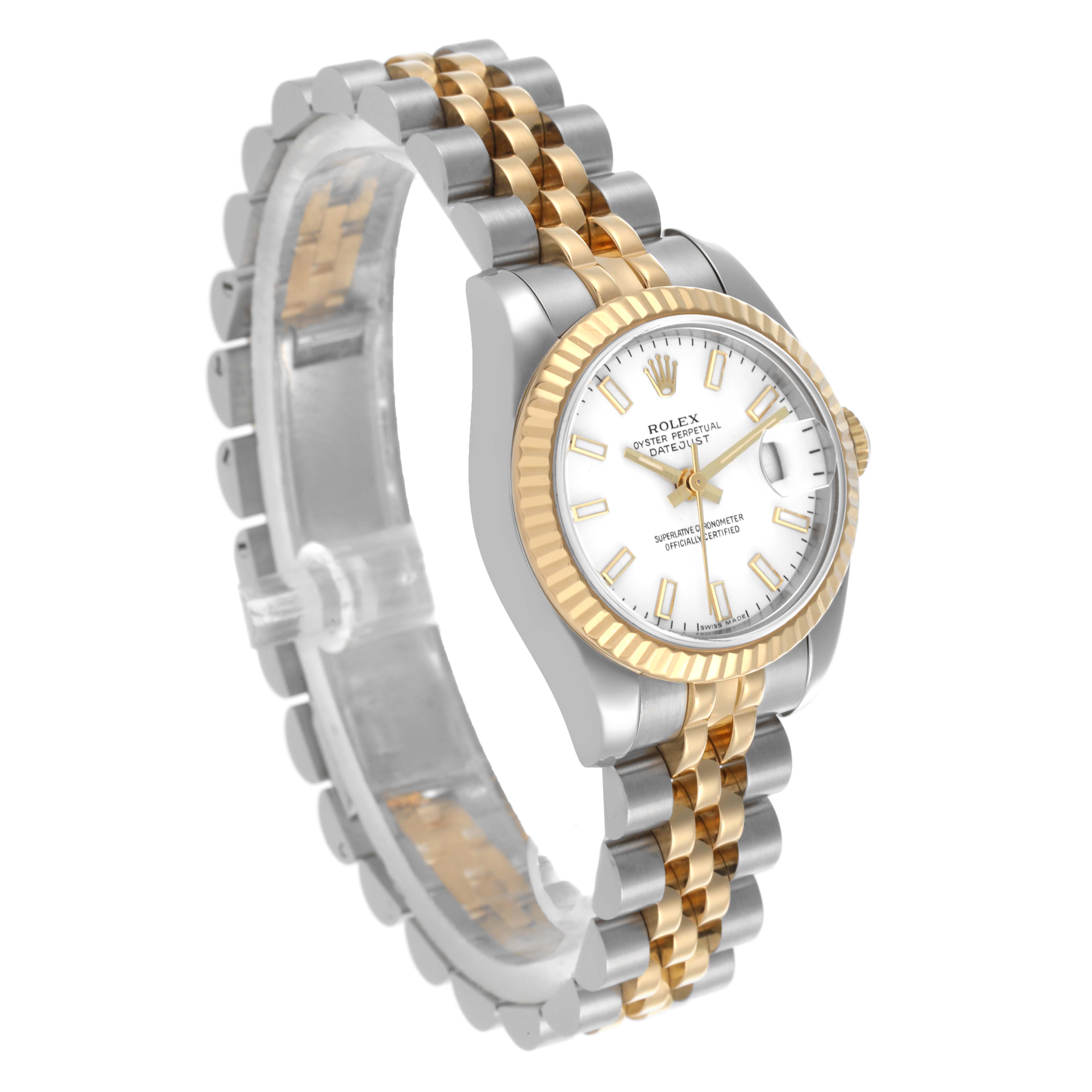 The Rolex Datejust 179173 Women's Steel and Gold (two tone) White Dial 179173 Women's Steel and Gold (two tone) White Dial watch is shown at an angled side view, revealing its case, dial, and jubilee bracelet.