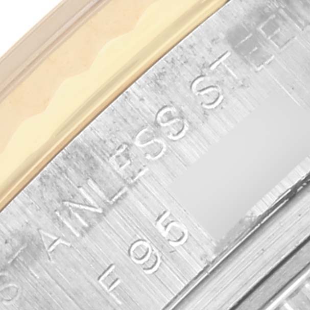 The image shows a close-up of the stainless steel casing or bezel edge of a Rolex Datejust 179173 Women's Steel and Gold (two tone) White Dial 179173 Women's Steel and Gold (two tone) White Dial watch.