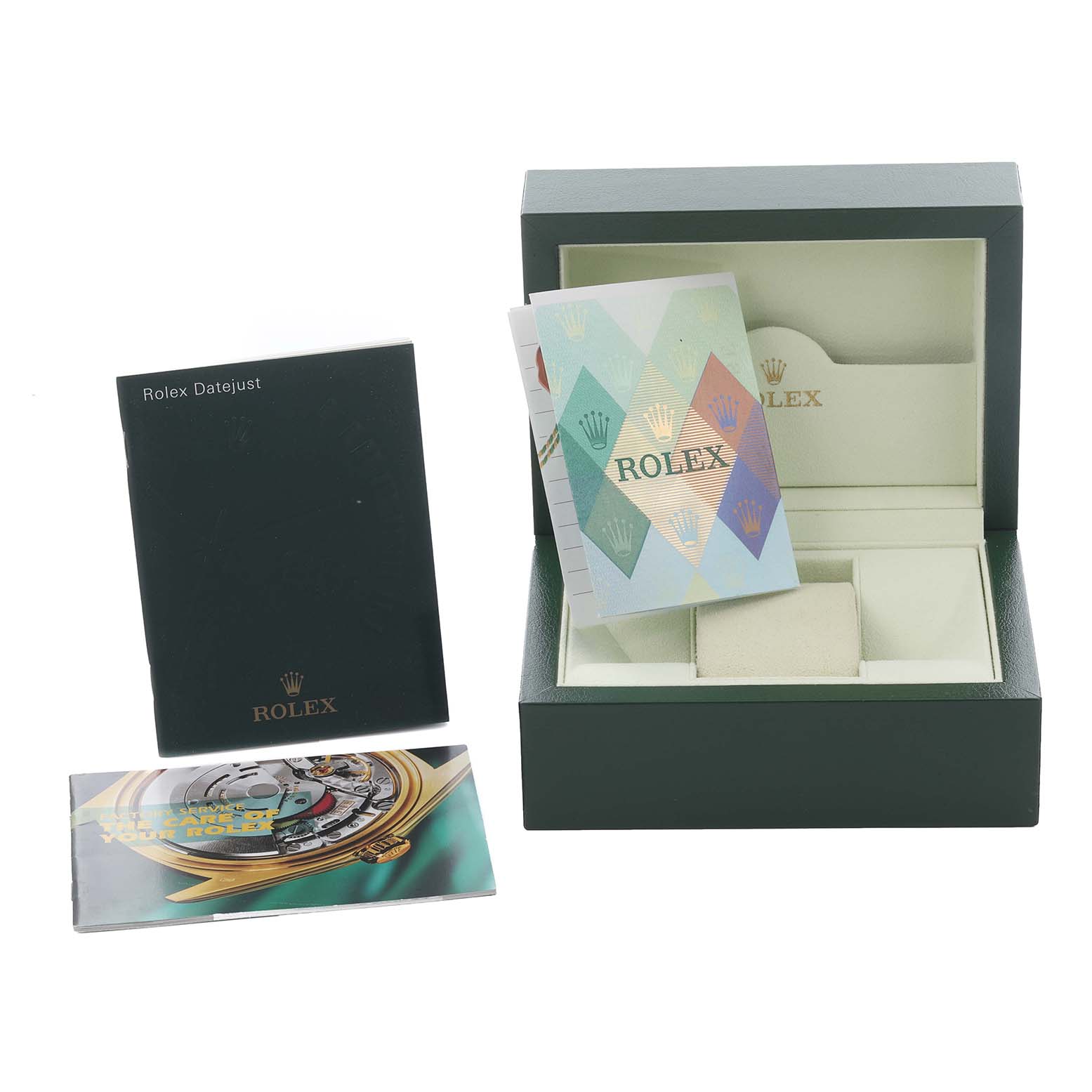 The image shows a Rolex Datejust 179173 Women's Steel and Gold (two tone) White Dial 179173 Women's Steel and Gold (two tone) White Dial box, manual, and warranty card from an overhead angle.