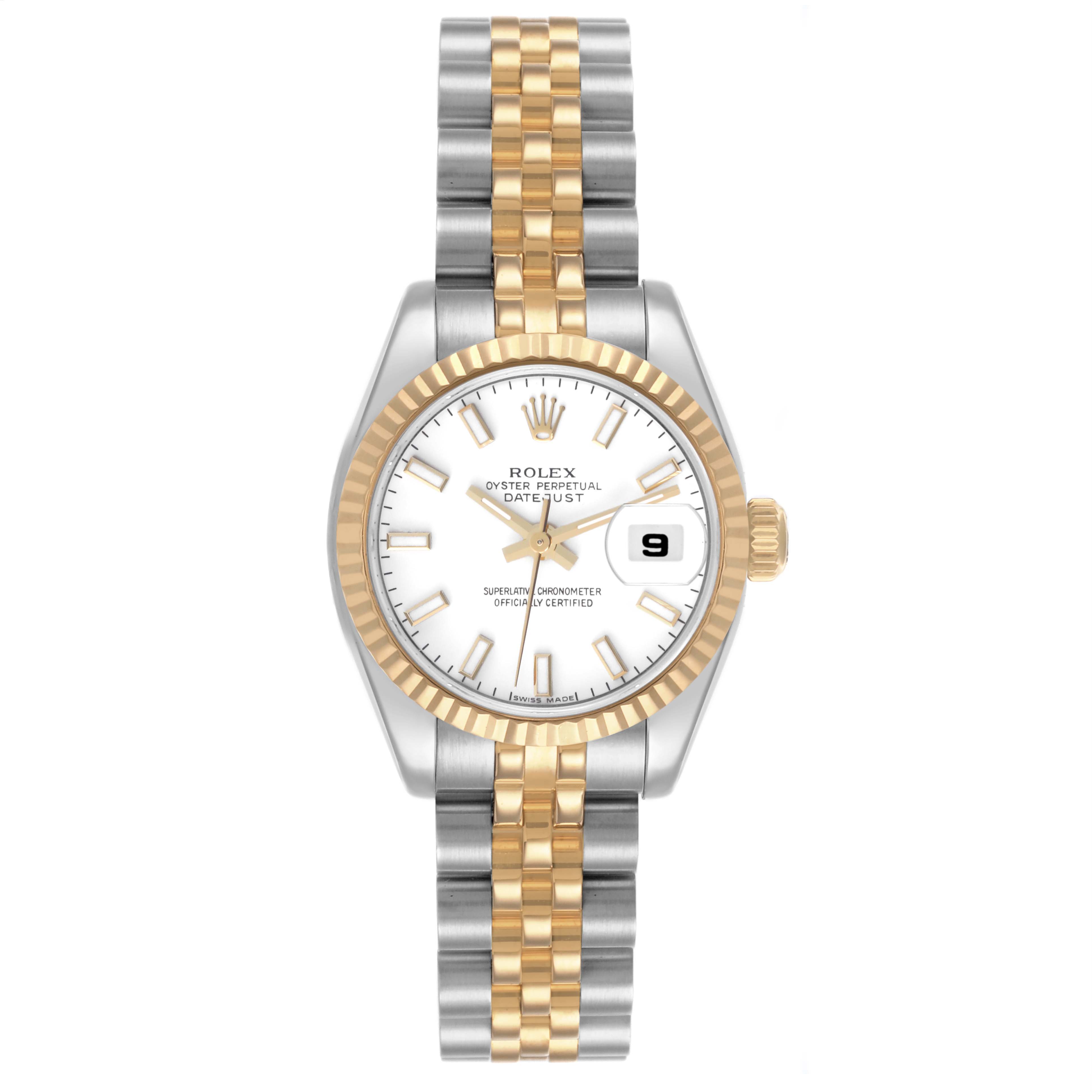 The Rolex Datejust 179173 Women's Steel and Gold (two tone) White Dial 179173 Women's Steel and Gold (two tone) White Dial watch is shown from a top-down angle, displaying its face, two-tone bracelet, and fluted bezel.