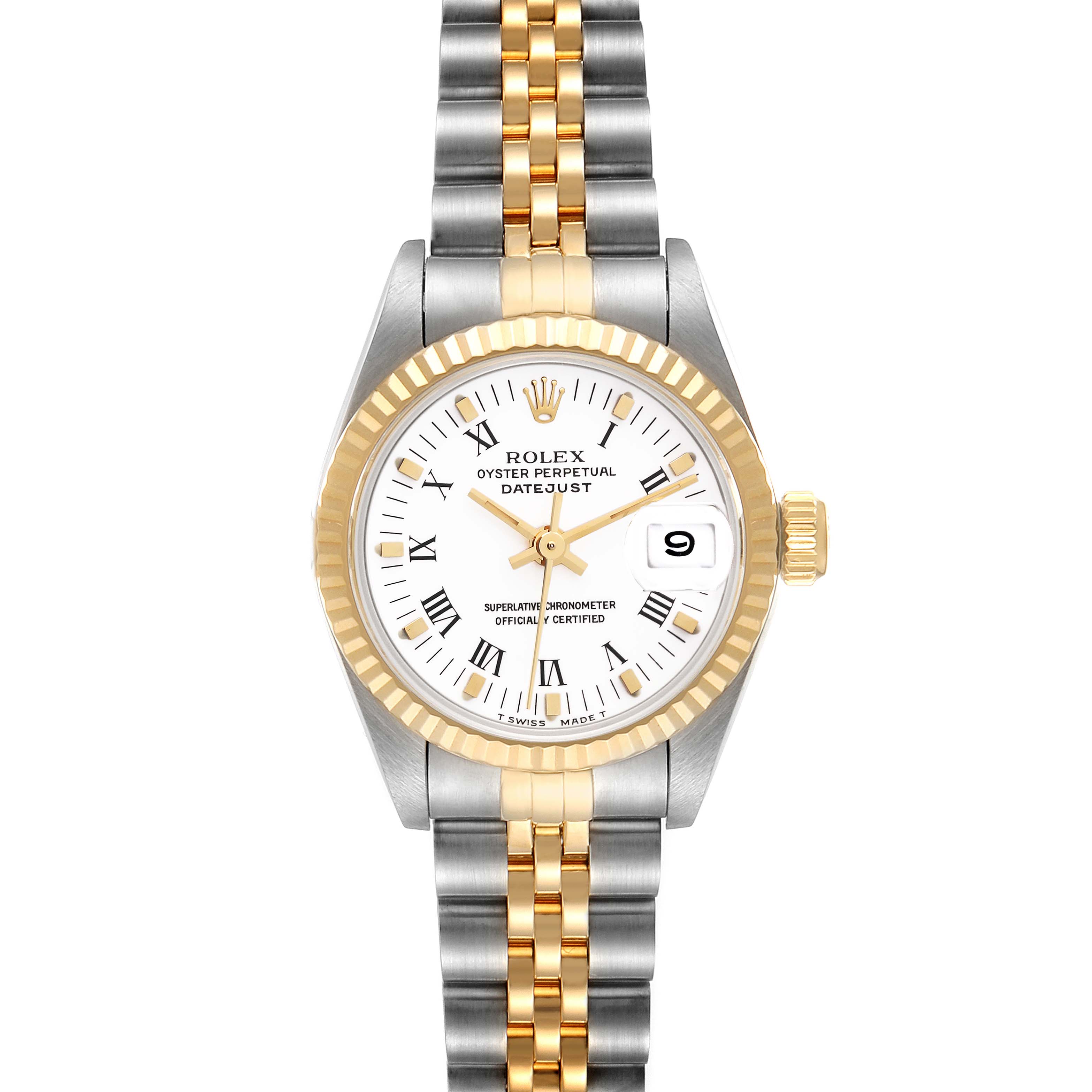 The Rolex Datejust 69173 Women's Steel and Gold (two tone) White Dial 69173 Women's Steel and Gold (two tone) White Dial watch is shown from a top-down angle, highlighting the face, bezel, and bracelet.