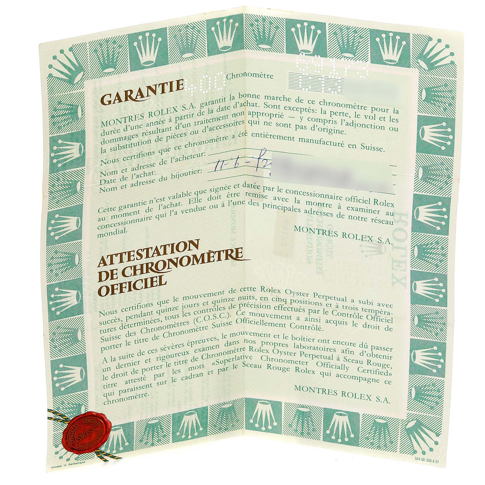 This image shows the warranty and certification document for a Rolex Datejust 69173 Women's Steel and Gold (two tone) White Dial 69173 Women's Steel and Gold (two tone) White Dial watch, detailing its chronometer status.