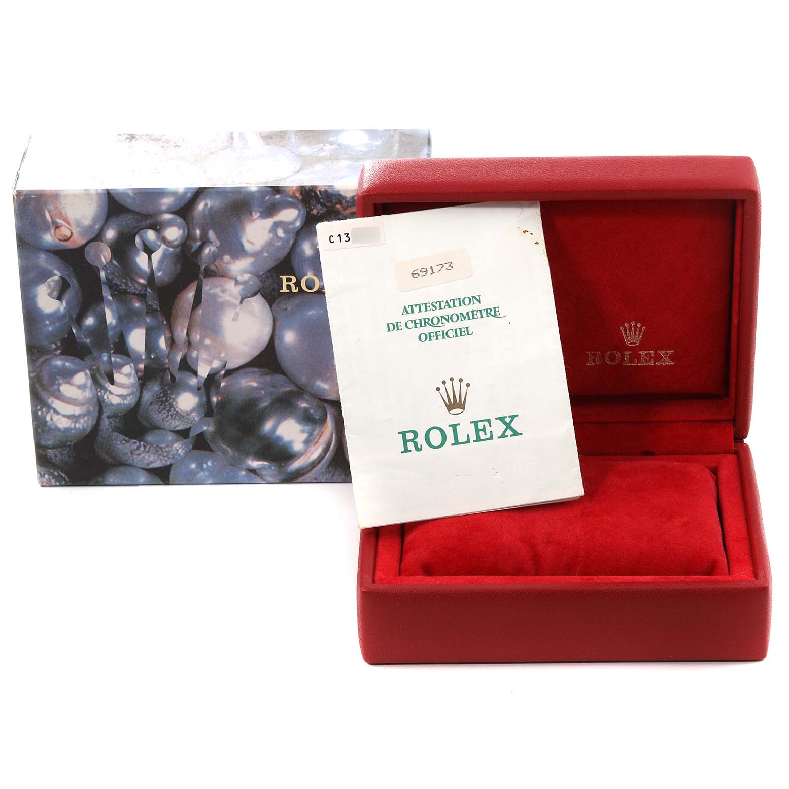 The image shows a Rolex Datejust 69173 Women's Steel and Gold (two tone) White Dial 69173 Women's Steel and Gold (two tone) White Dial watch box, warranty card, and outer packaging from a front-facing angle.