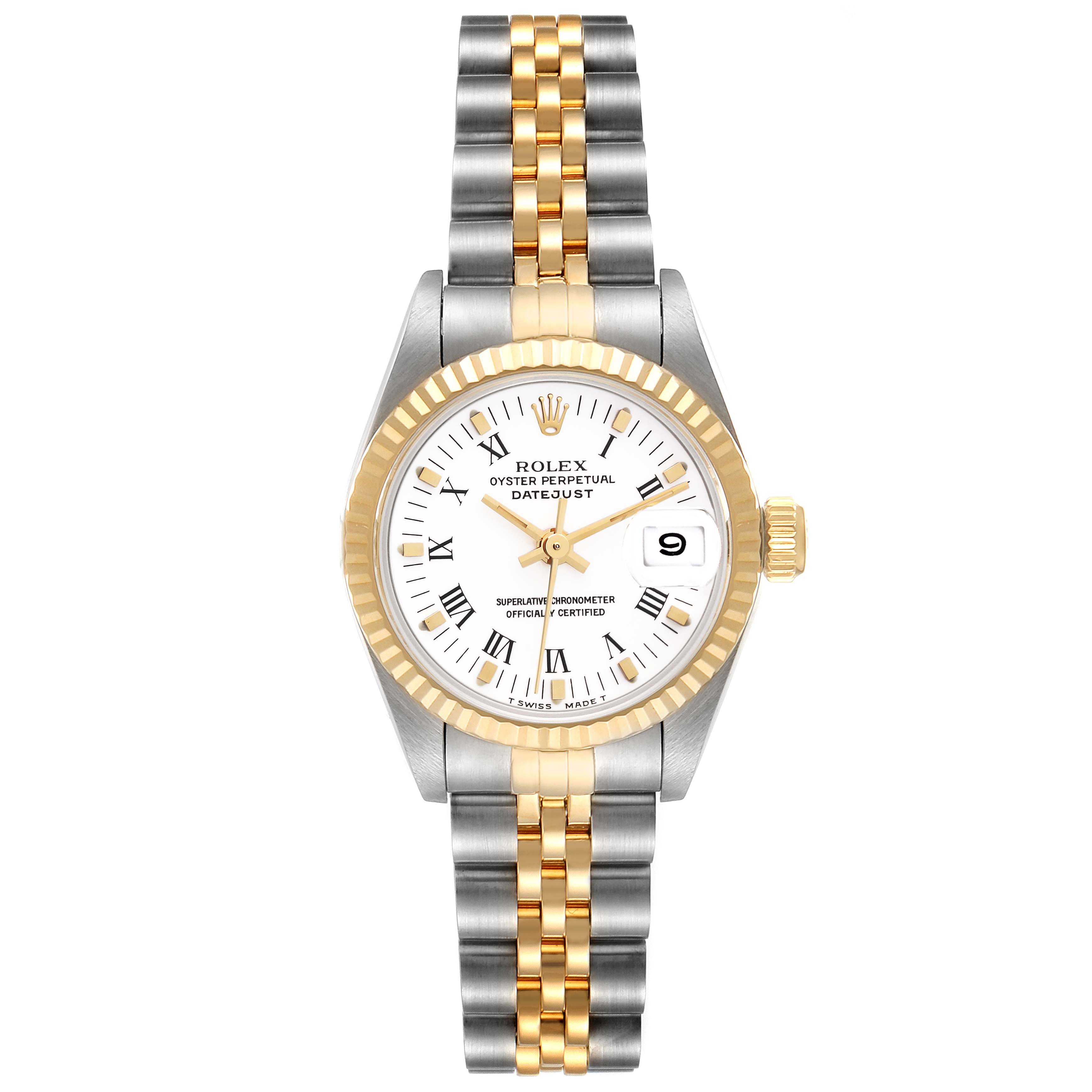The Rolex Datejust 69173 Women's Steel and Gold (two tone) White Dial 69173 Women's Steel and Gold (two tone) White Dial watch is shown from a front angle, displaying its face, dial, bezel, and bracelet.