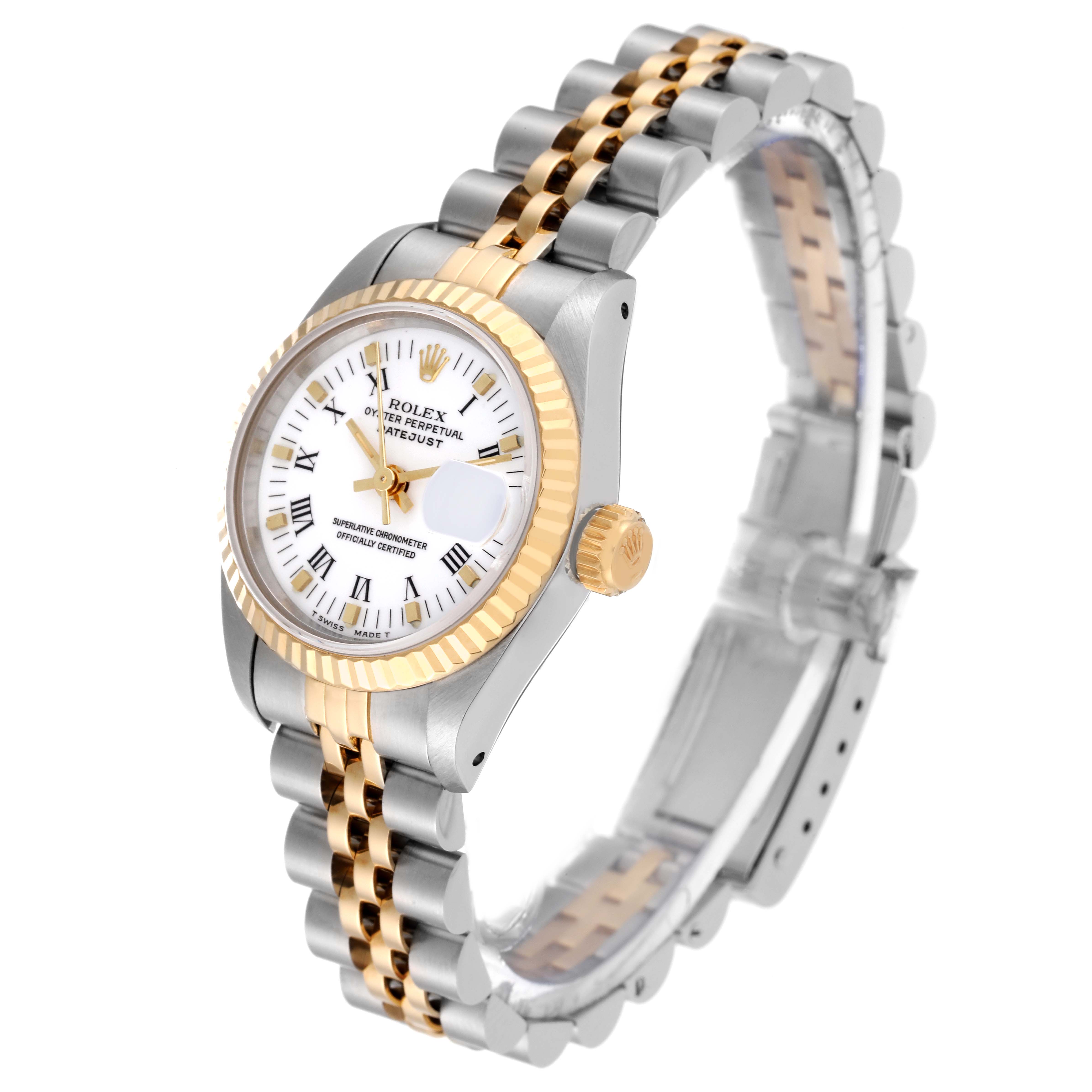 The Rolex Datejust 69173 Women's Steel and Gold (two tone) White Dial 69173 Women's Steel and Gold (two tone) White Dial watch is shown at an angled side view, highlighting the dial, crown, and two-tone bracelet.