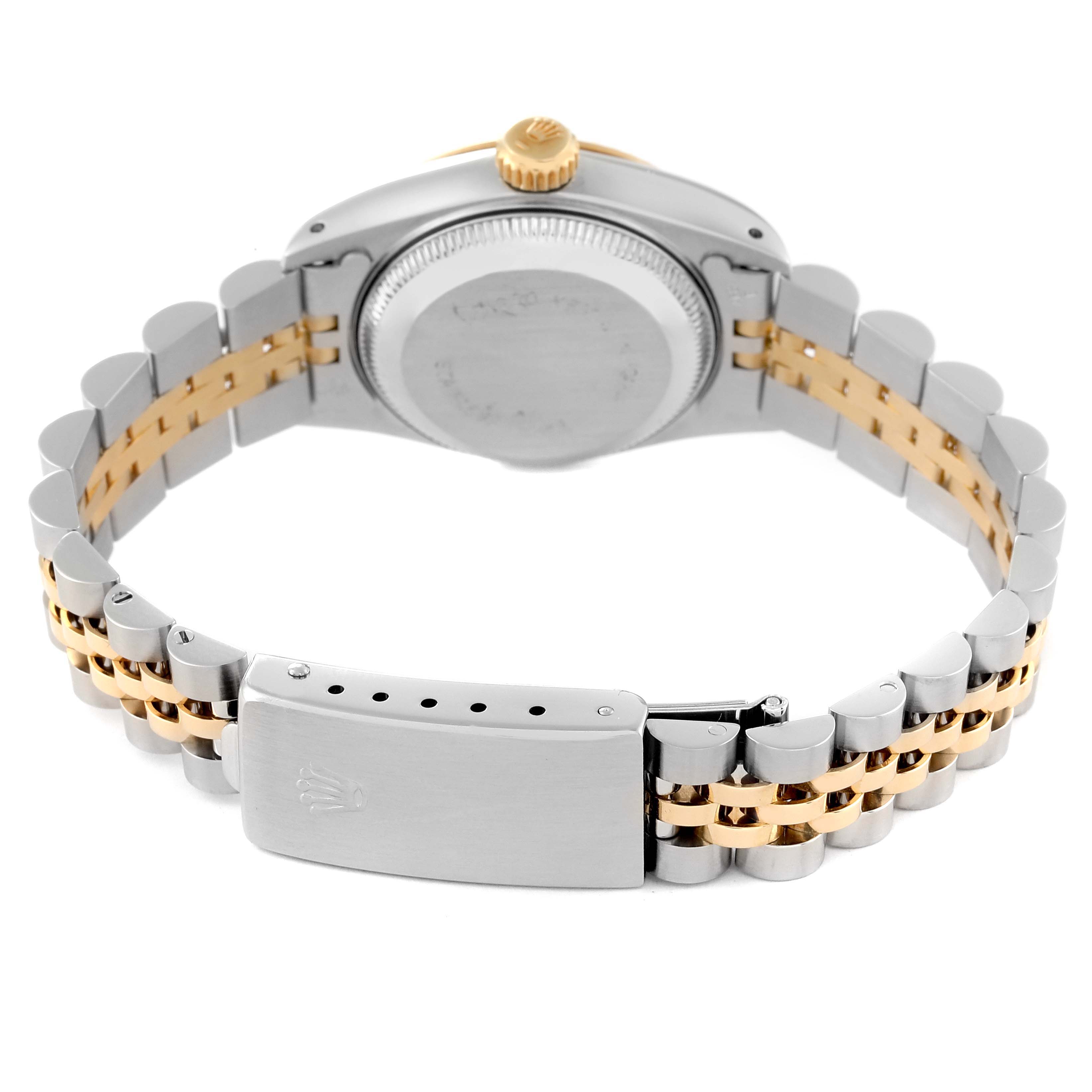 This image shows the back view of a Rolex Datejust 69173 Women's Steel and Gold (two tone) White Dial 69173 Women's Steel and Gold (two tone) White Dial watch, highlighting its case back, clasp, and two-tone bracelet.