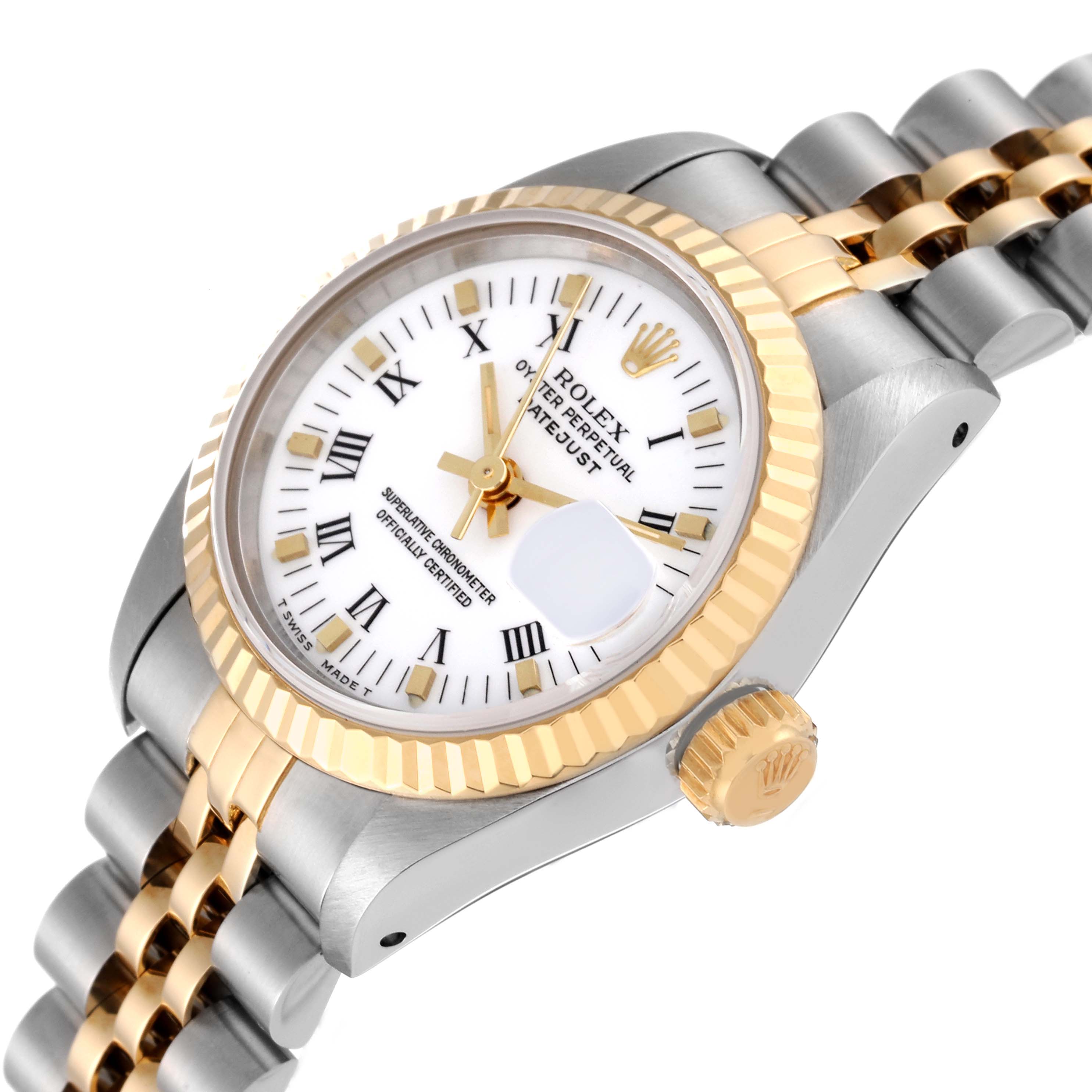 This image shows a close-up side angle of a Rolex Datejust 69173 Women's Steel and Gold (two tone) White Dial 69173 Women's Steel and Gold (two tone) White Dial, highlighting the gold bezel, crown, and two-tone bracelet.