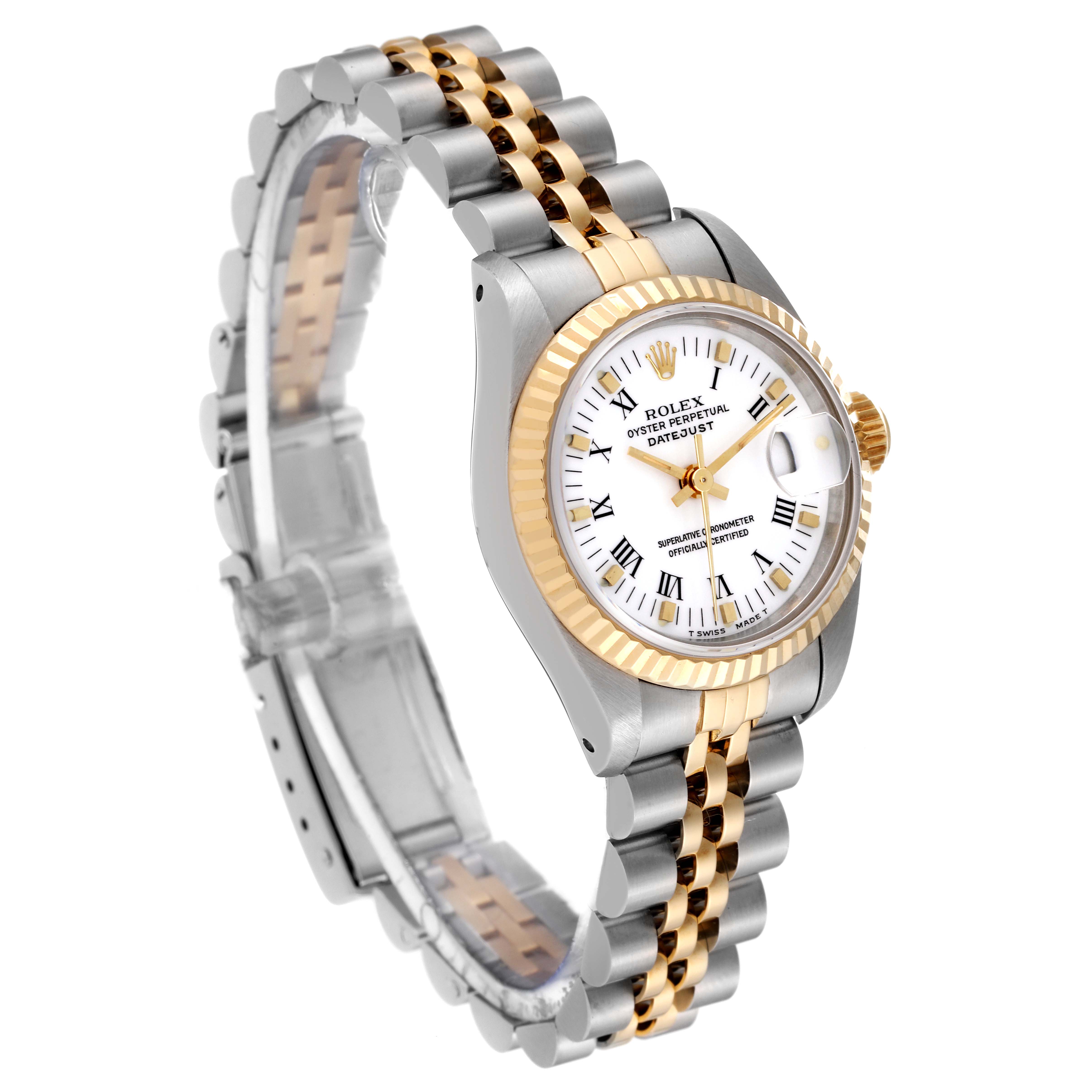 This image shows a side-angle view of a Rolex Datejust 69173 Women's Steel and Gold (two tone) White Dial 69173 Women's Steel and Gold (two tone) White Dial watch, highlighting the two-tone bracelet, fluted bezel, and white dial.