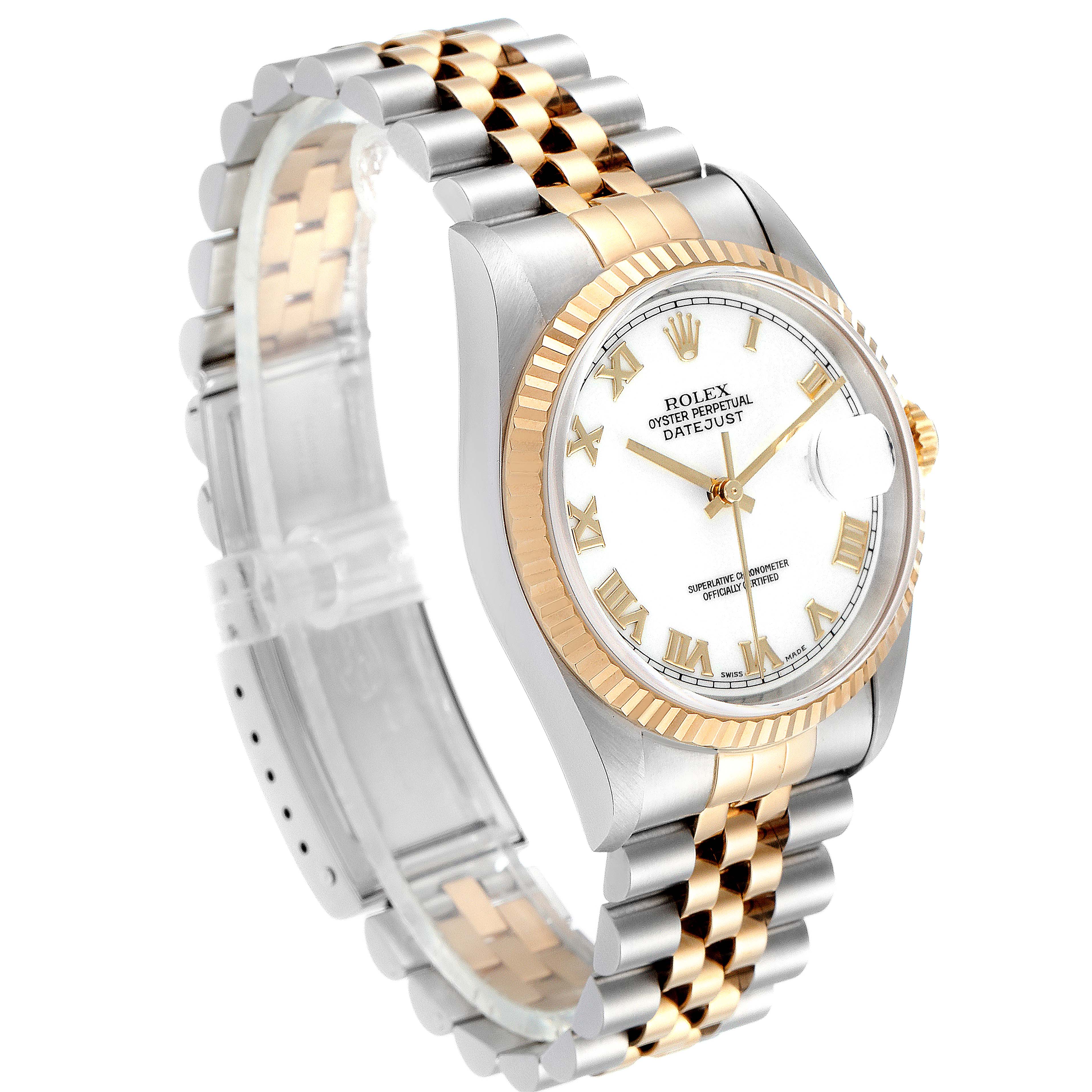 This image shows a Rolex Datejust 16233 Men's Steel and Gold (two tone) White Dial 16233 Men's Steel and Gold (two tone) White Dial watch at an angle highlighting its two-tone bracelet, white dial, and fluted bezel.