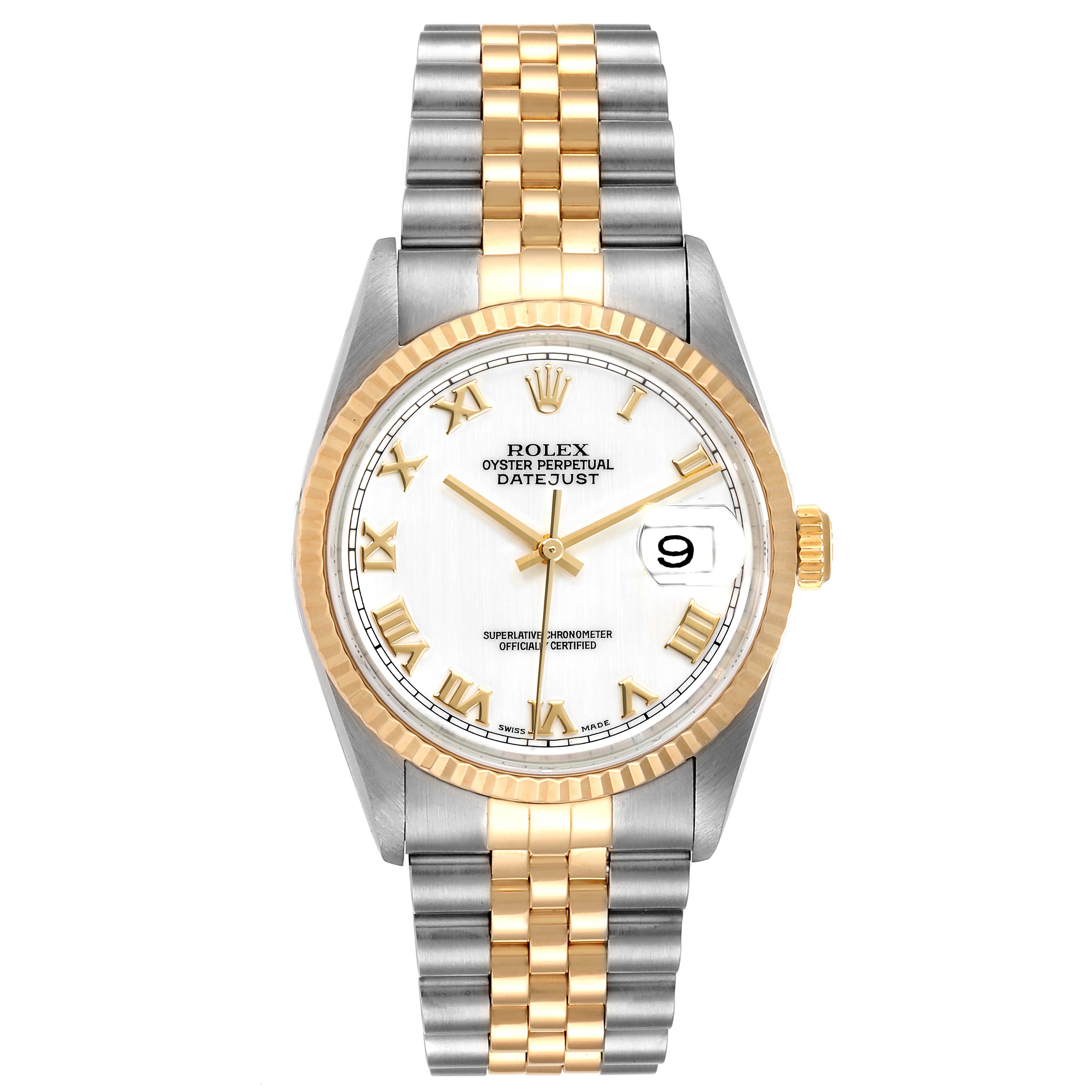 The image shows a front view of the Rolex Datejust 16233 Men's Steel and Gold (two tone) White Dial 16233 Men's Steel and Gold (two tone) White Dial watch, highlighting the face, bezel, and two-tone bracelet.