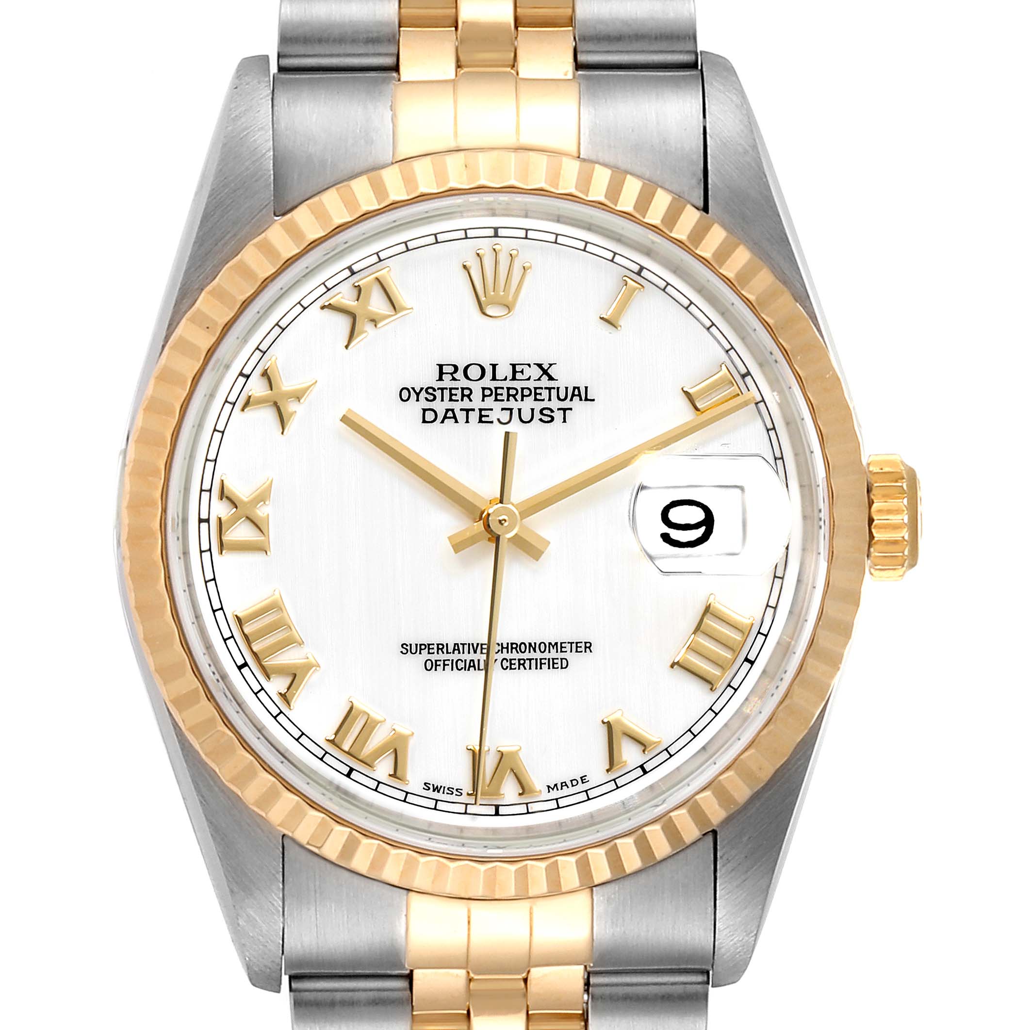 The Rolex Datejust 16233 Men's Steel and Gold (two tone) White Dial 16233 Men's Steel and Gold (two tone) White Dial watch is shown from a front angle, emphasizing the dial, bezel, and part of the bracelet.