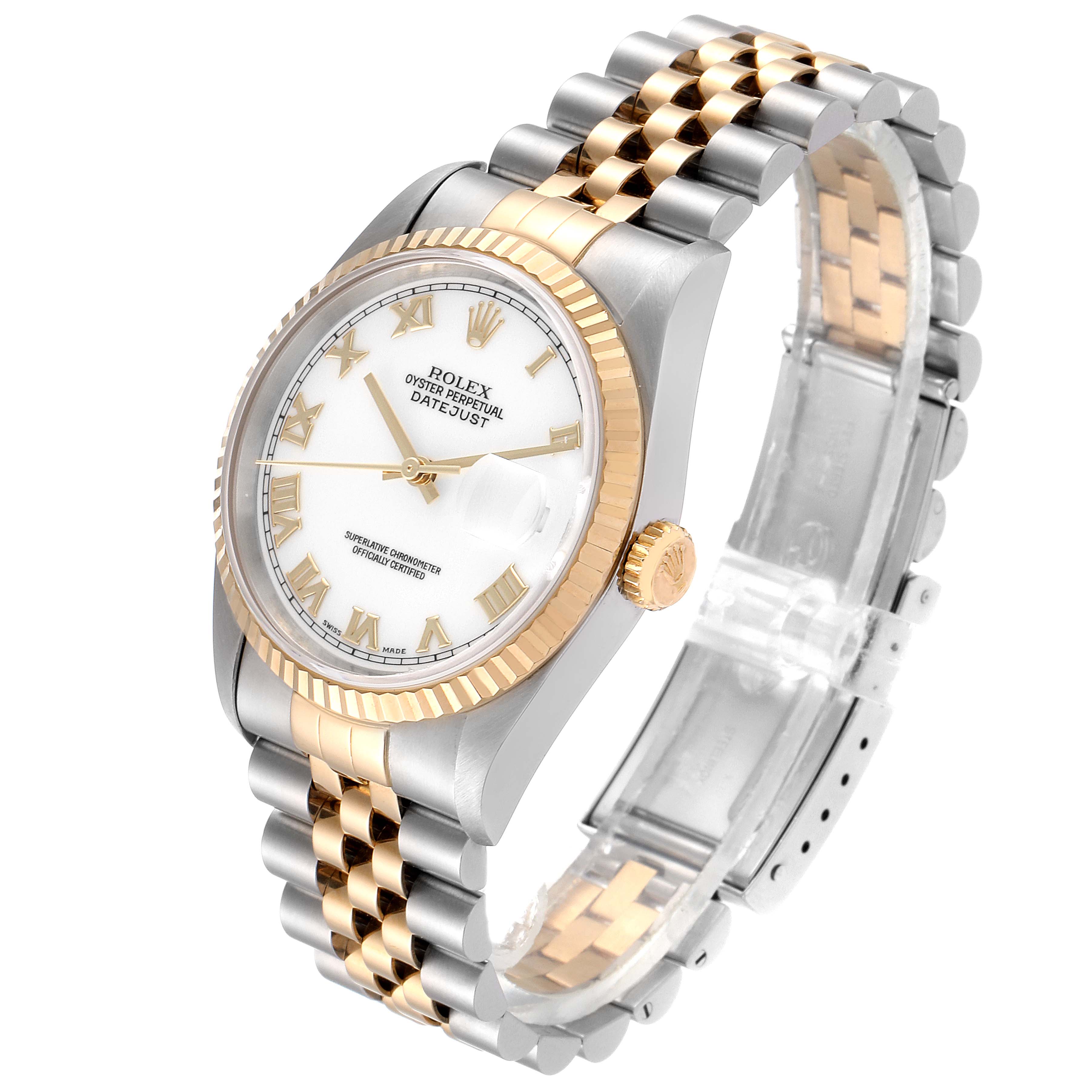 The image shows a Rolex Datejust 16233 Men's Steel and Gold (two tone) White Dial 16233 Men's Steel and Gold (two tone) White Dial watch from a three-quarter angle, highlighting its dial, bezel, crown, and jubilee bracelet.