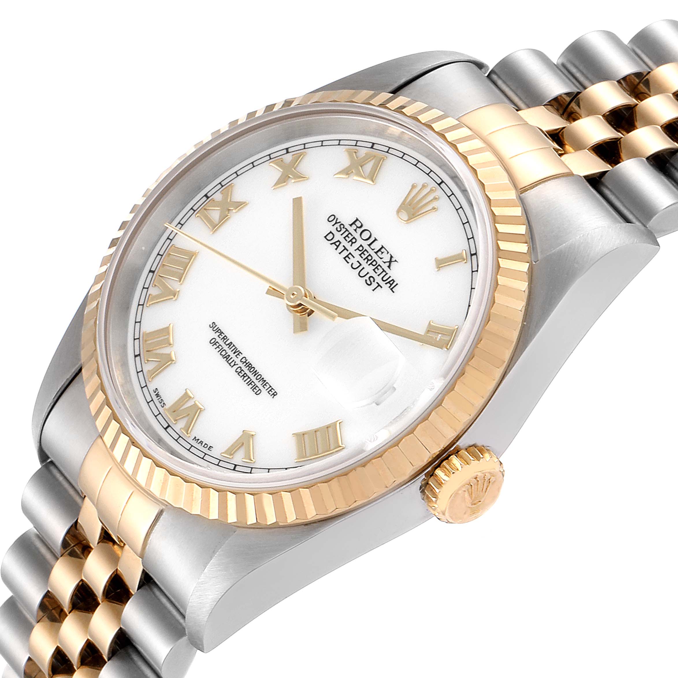 The Rolex Datejust 16233 Men's Steel and Gold (two tone) White Dial 16233 Men's Steel and Gold (two tone) White Dial watch is shown at an angled close-up, highlighting its dial, bezel, and partial bracelet.
