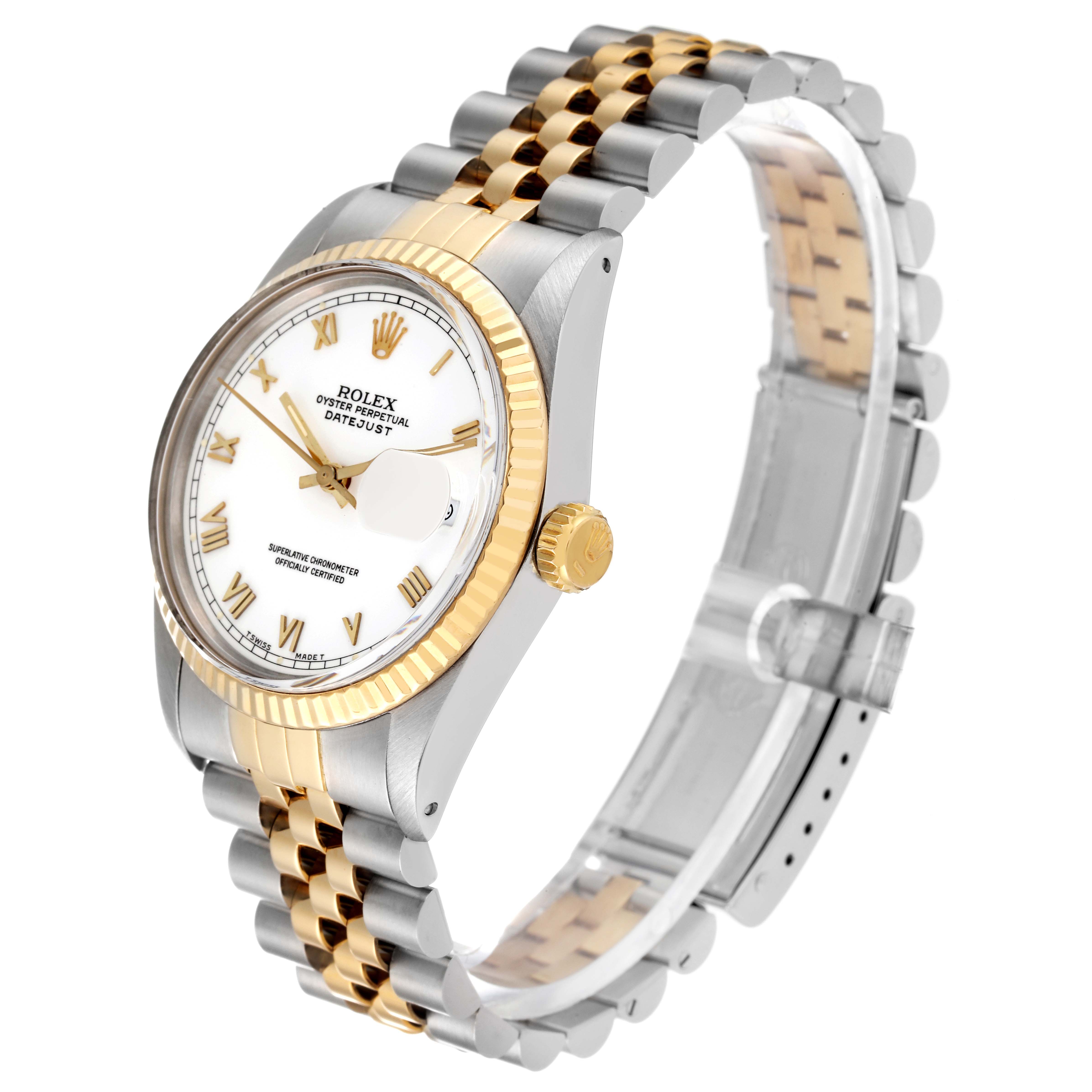 The Rolex Datejust 16013 Men's Steel and Gold (two tone) White Dial 16013 Men's Steel and Gold (two tone) White Dial is shown at a three-quarter angle, highlighting its dial, bezel, crown, and two-tone bracelet.