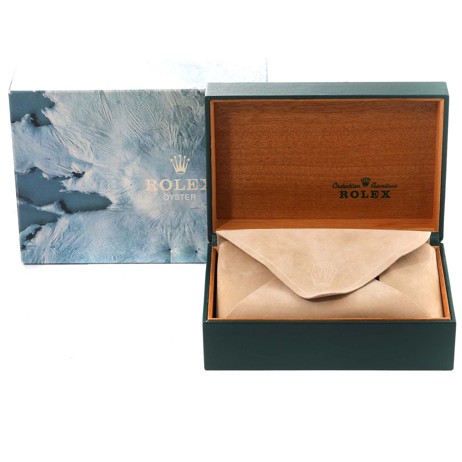 The image shows the open luxurious packaging box and suede pouch for a Rolex Datejust 16013 Men's Steel and Gold (two tone) White Dial 16013 Men's Steel and Gold (two tone) White Dial watch, viewed from the front.