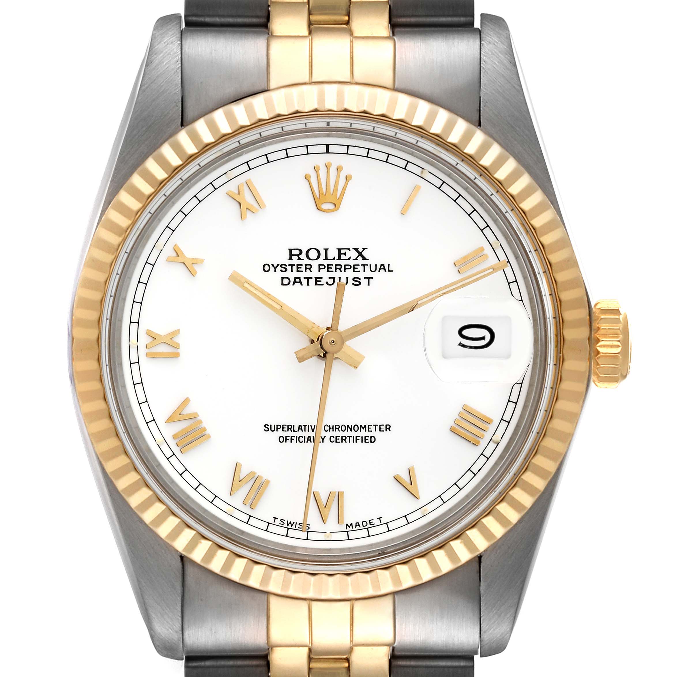 This image shows a front view of a Rolex Datejust 16013 Men's Steel and Gold (two tone) White Dial 16013 Men's Steel and Gold (two tone) White Dial watch, highlighting the face, bezel, Roman numerals, and part of the bracelet.