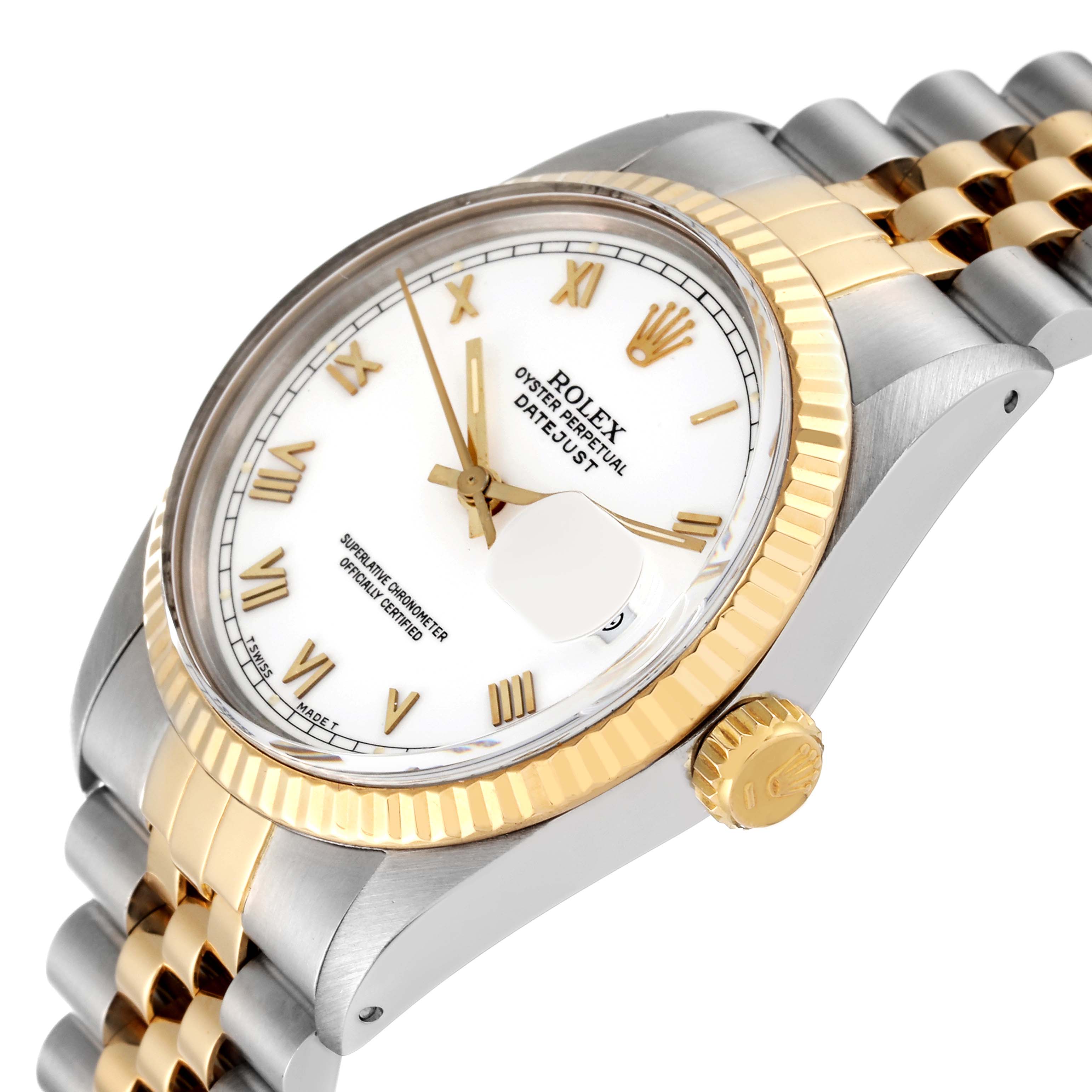 The Rolex Datejust 16013 Men's Steel and Gold (two tone) White Dial 16013 Men's Steel and Gold (two tone) White Dial watch is shown from a three-quarter angle, highlighting the dial, fluted bezel, crown, and two-tone bracelet.