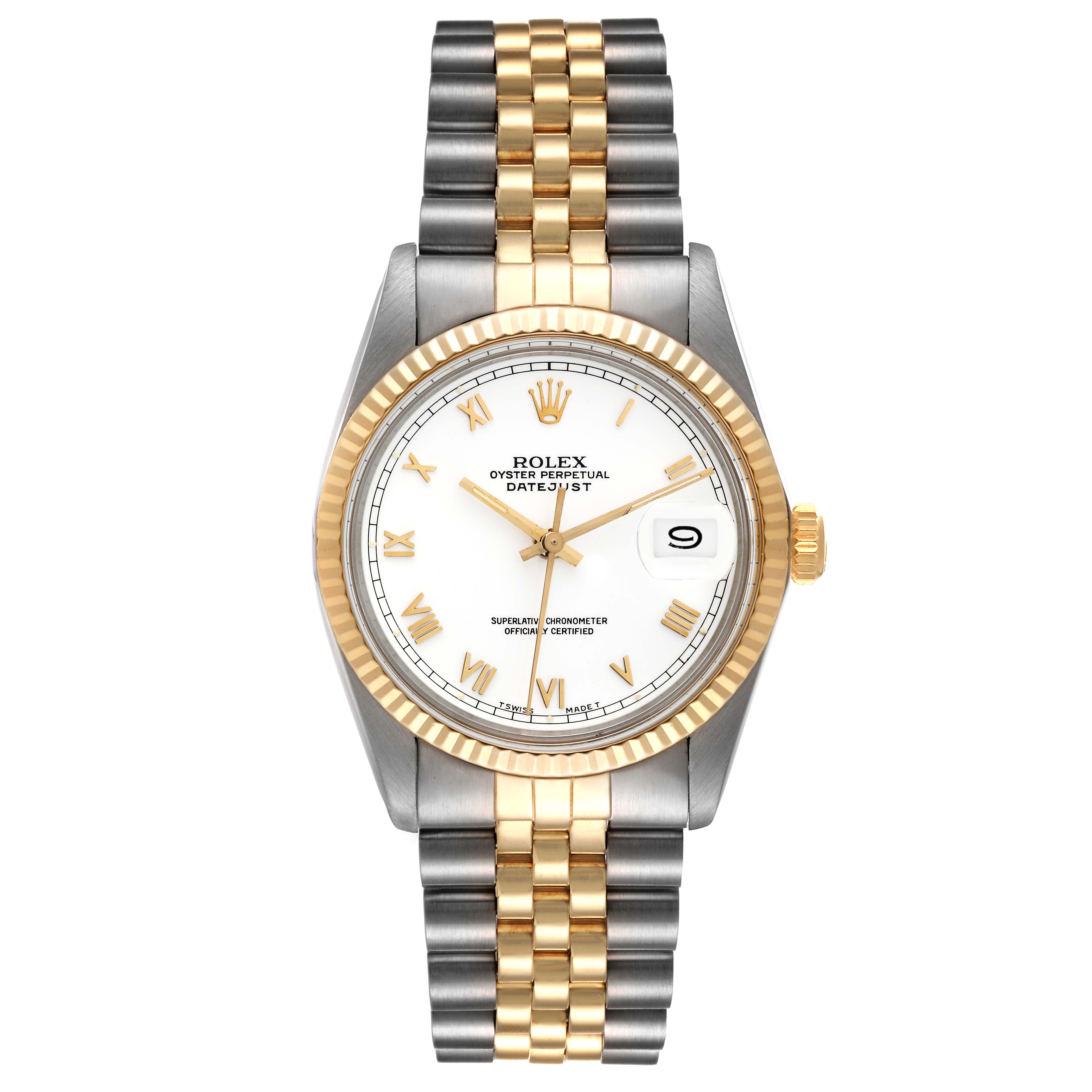The Rolex Datejust 16013 Men's Steel and Gold (two tone) White Dial 16013 Men's Steel and Gold (two tone) White Dial watch is shown from a front angle, displaying the dial, fluted bezel, jubilee bracelet, and date window.