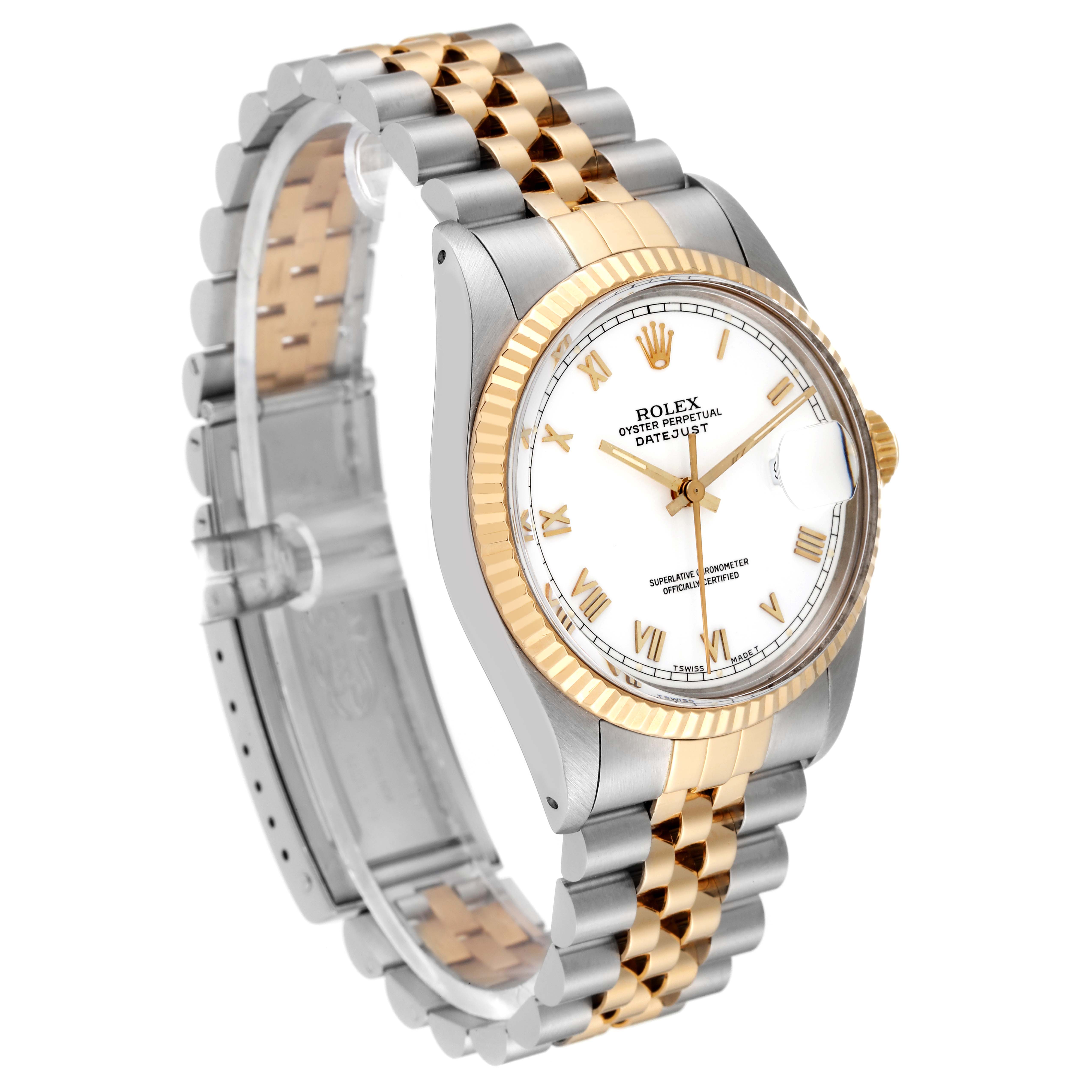 The image shows a Rolex Datejust 16013 Men's Steel and Gold (two tone) White Dial 16013 Men's Steel and Gold (two tone) White Dial watch from an angled side view, highlighting the two-tone strap, fluted bezel, and white dial.