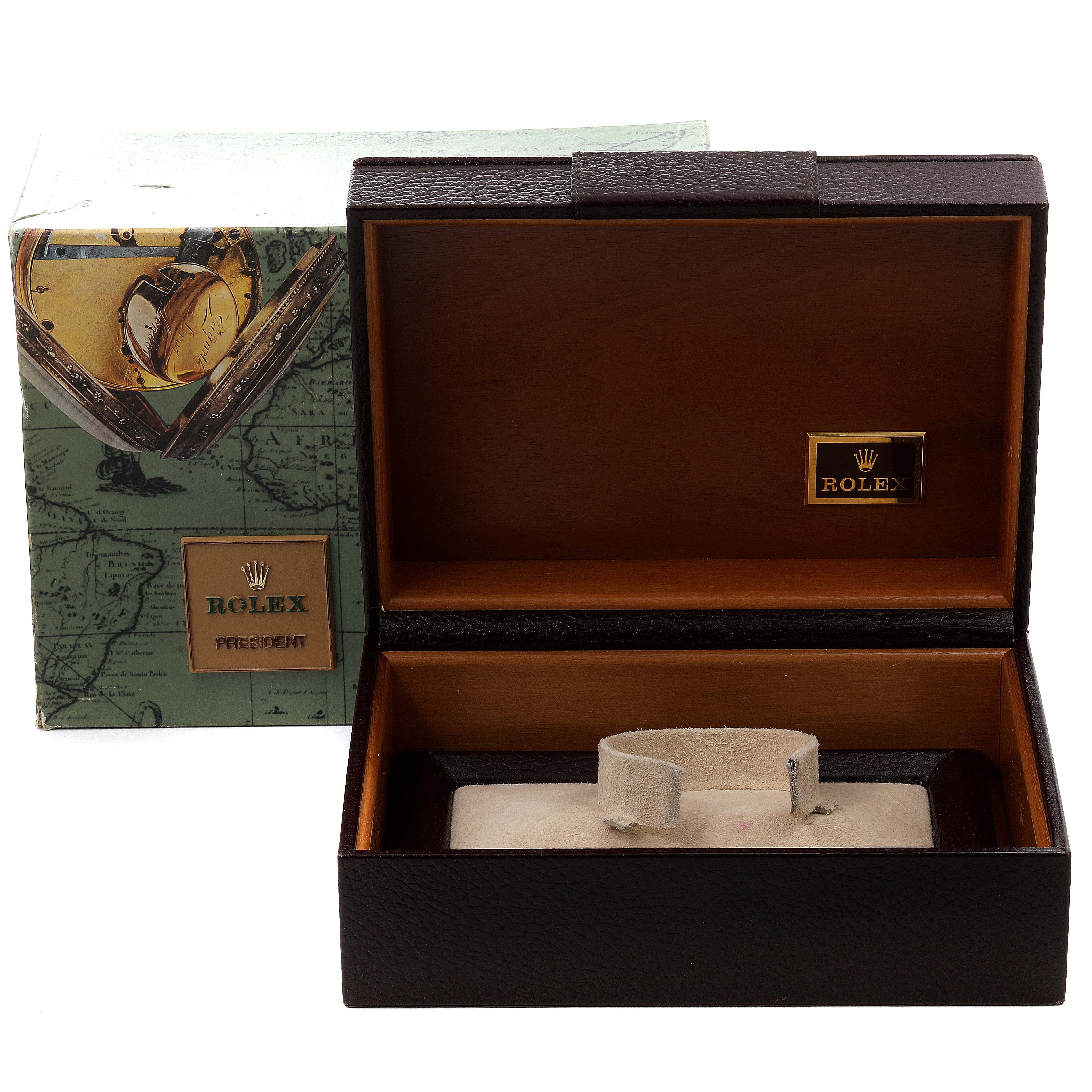 This image shows an open Rolex President 18248 Men's Yellow Gold Silver Dial 18248 Men's Yellow Gold Silver Dial watch box and its packaging from the front angle.