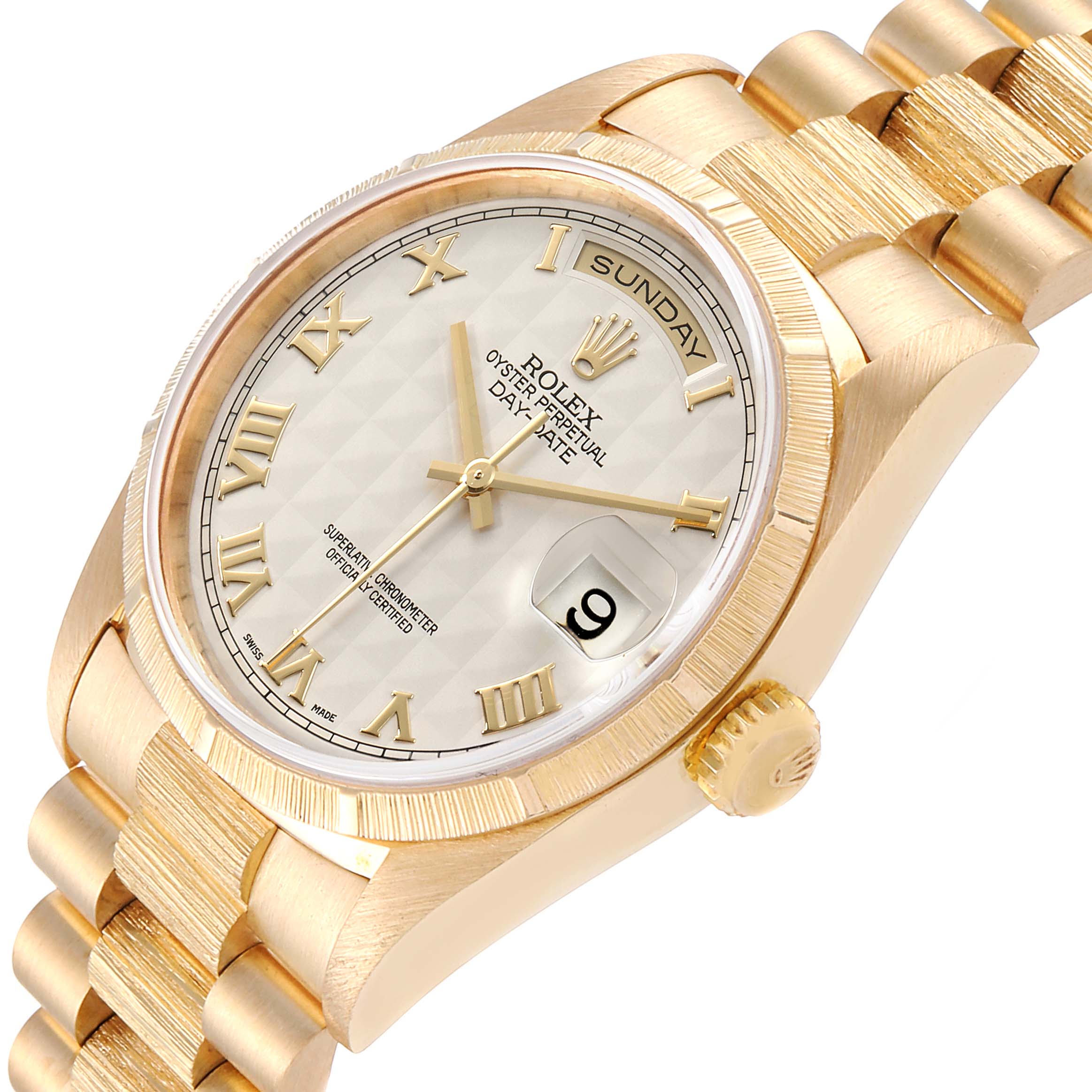 The image shows a close-up, angled view of the dial and bracelet of the Rolex President 18248 Men's Yellow Gold Silver Dial 18248 Men's Yellow Gold Silver Dial model watch.