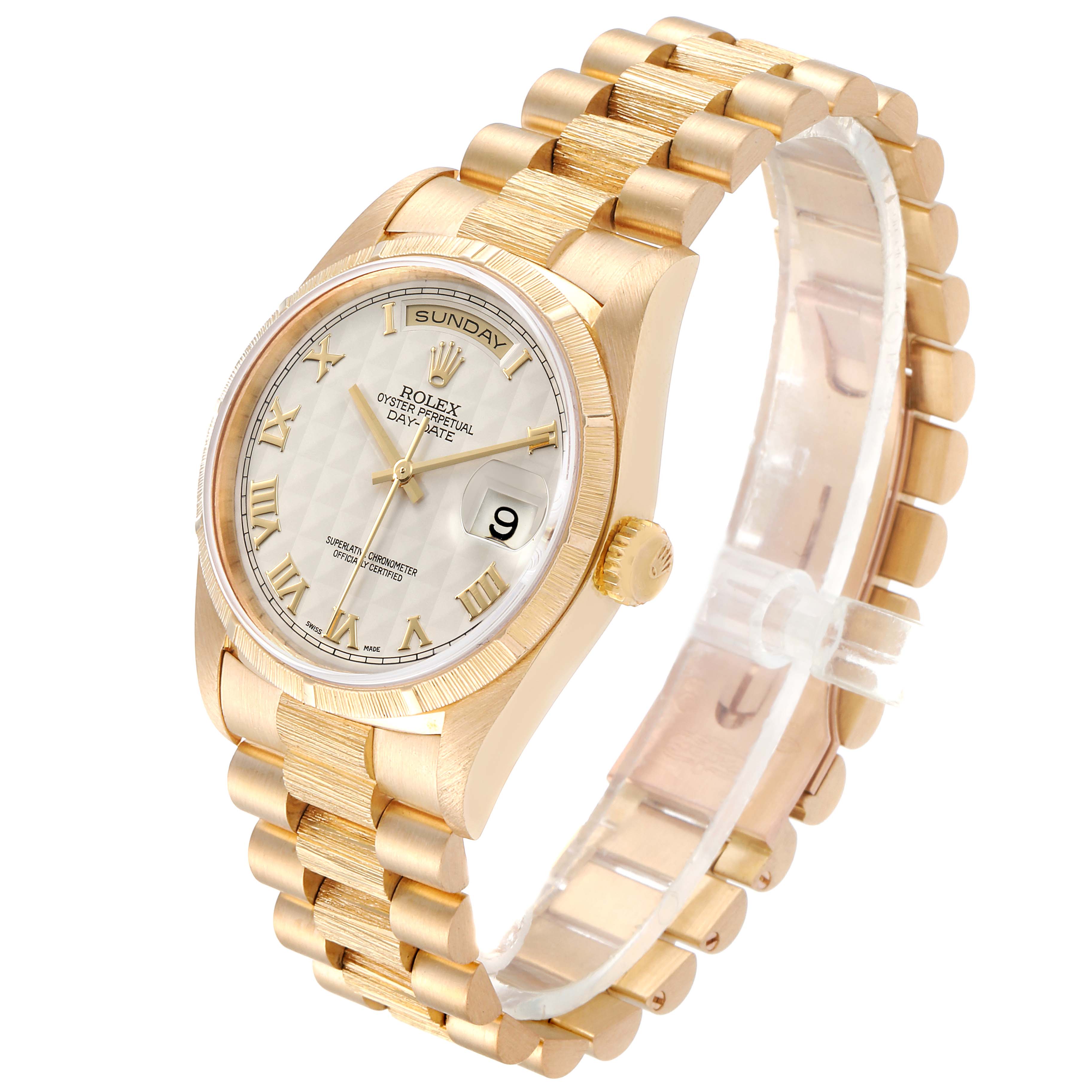 This image shows a Rolex President 18248 Men's Yellow Gold Silver Dial 18248 Men's Yellow Gold Silver Dial model watch at an angled side view, displaying its face, bezel, crown, and bracelet.