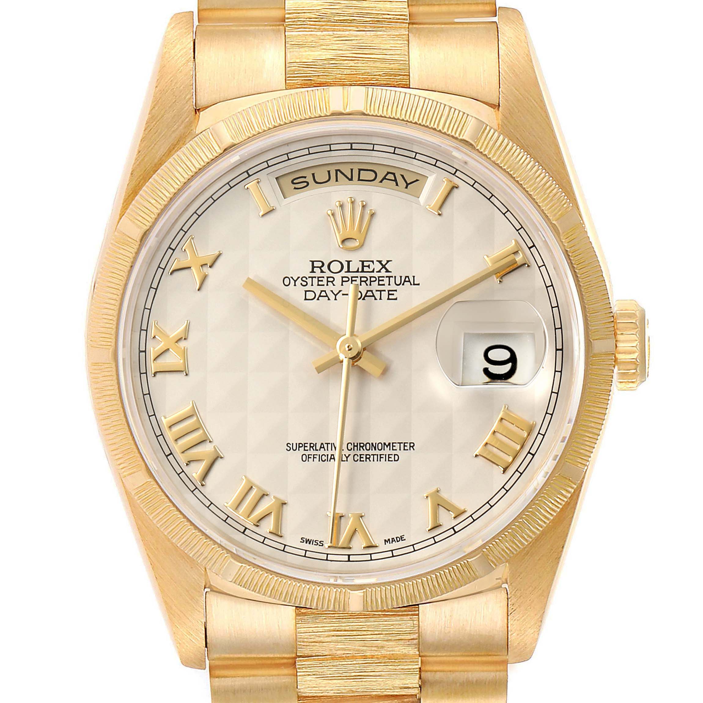 The image shows a close-up of the face and bracelet of a Rolex President 18248 Men's Yellow Gold Silver Dial 18248 Men's Yellow Gold Silver Dial Day-Date model watch.