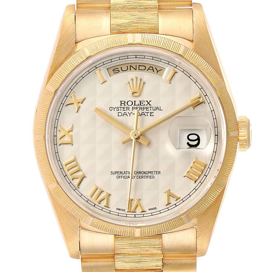 Rolex Day-Date President Yellow Gold Silver Pyramid Dial Mens Watch 18248 Box SwissWatchExpo